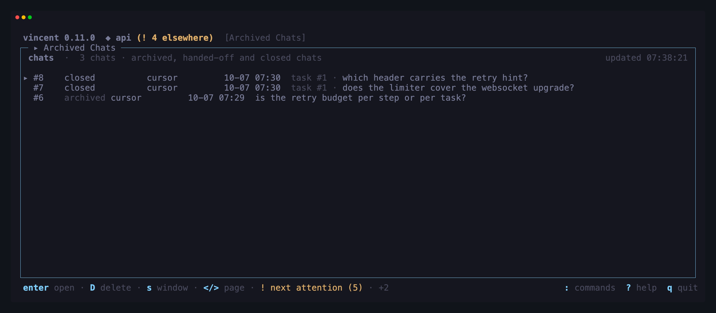 api's archived chats board: three finished conversations — one archived, and
two closed chats that were opened on task #1, each saying so ahead of its
title