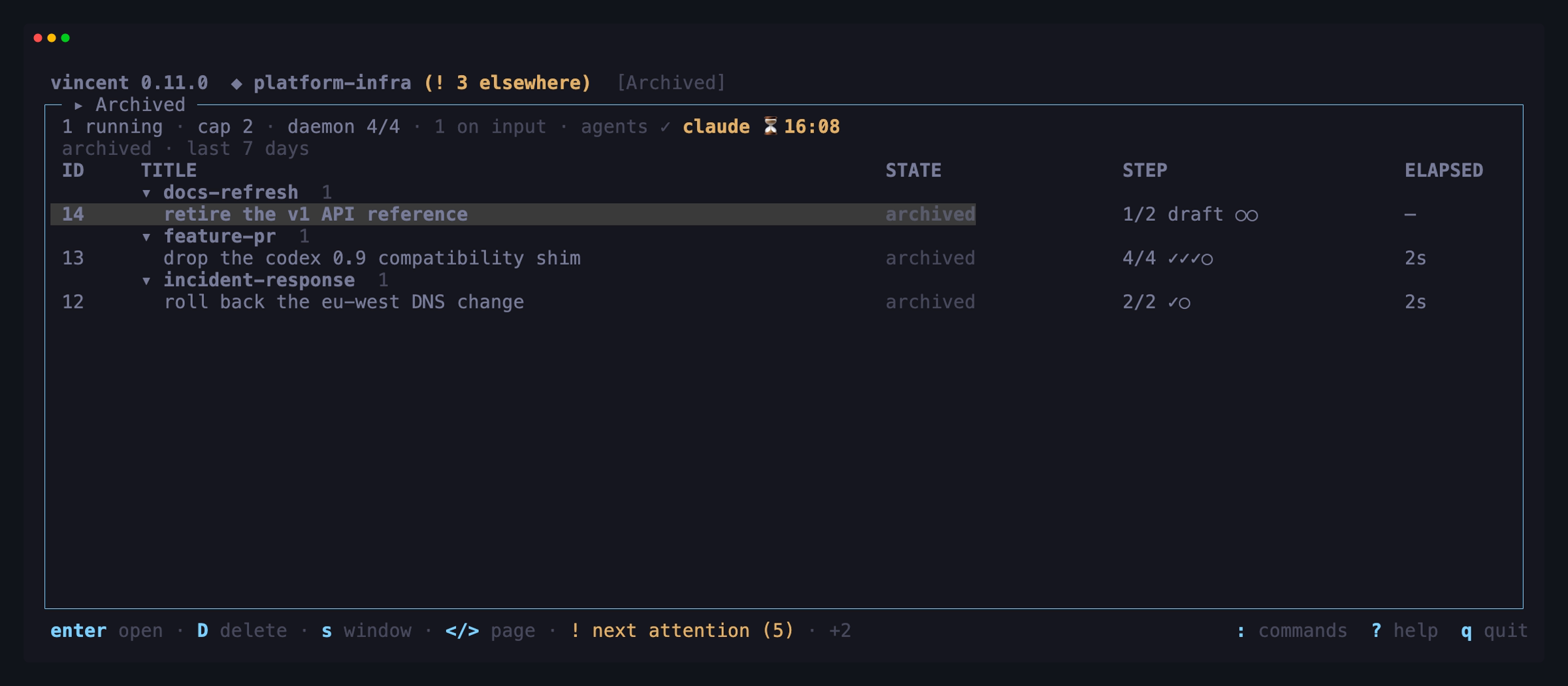 platform-infra's archived tasks board over its default window of the last 7
days: three archived tasks, grouped by workflow like the live
board