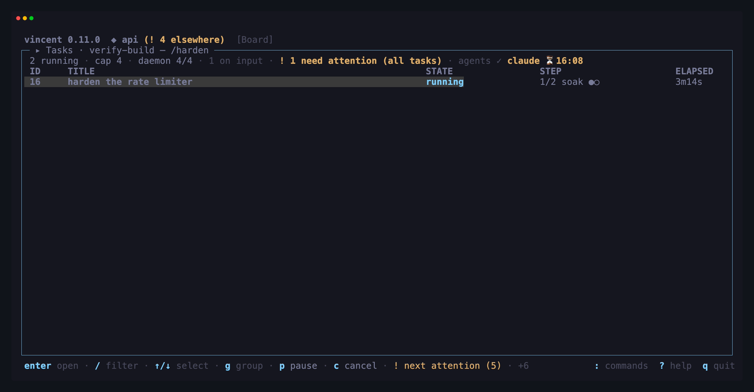 The board filtered to one running task