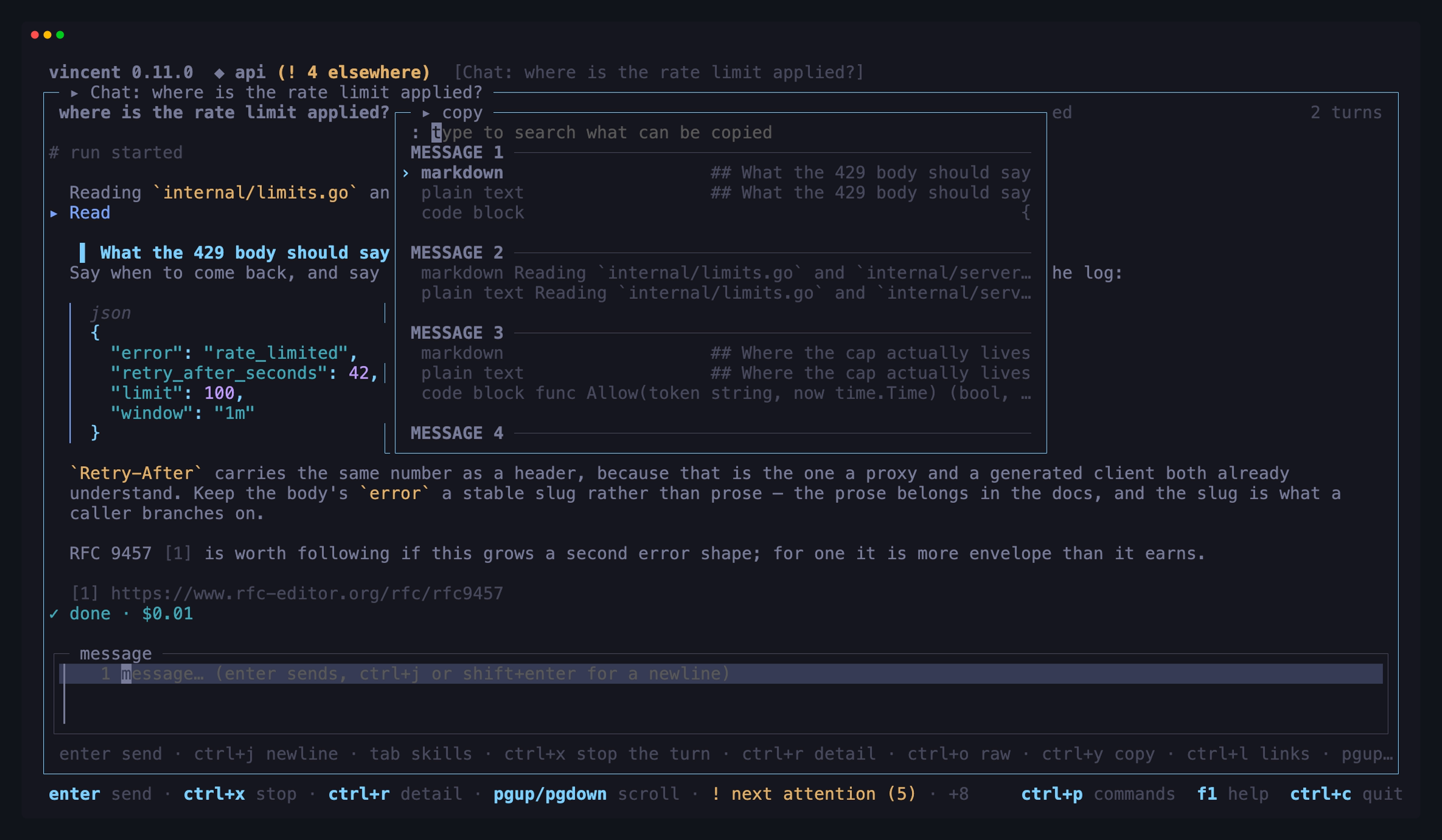 The chat workspace with the copy picker open: a group per assistant message,
each offering its markdown, its plain text and each fenced block in
it
