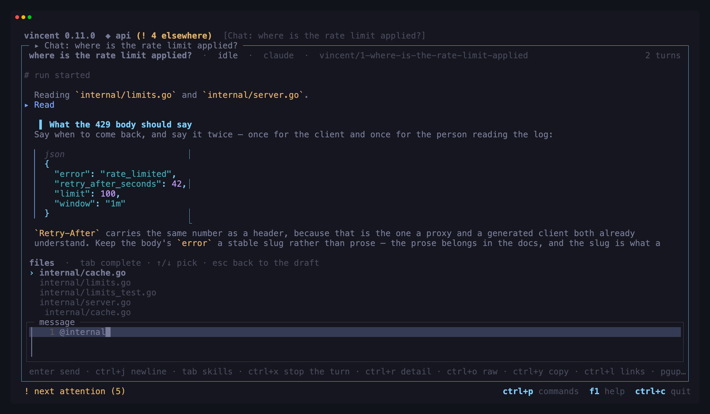 The chat composer's file list opened by a typed `@internal`, ranked, one
row picked with `↓` and its whole path on the line under the rows, and the
draft still reading `@internal`