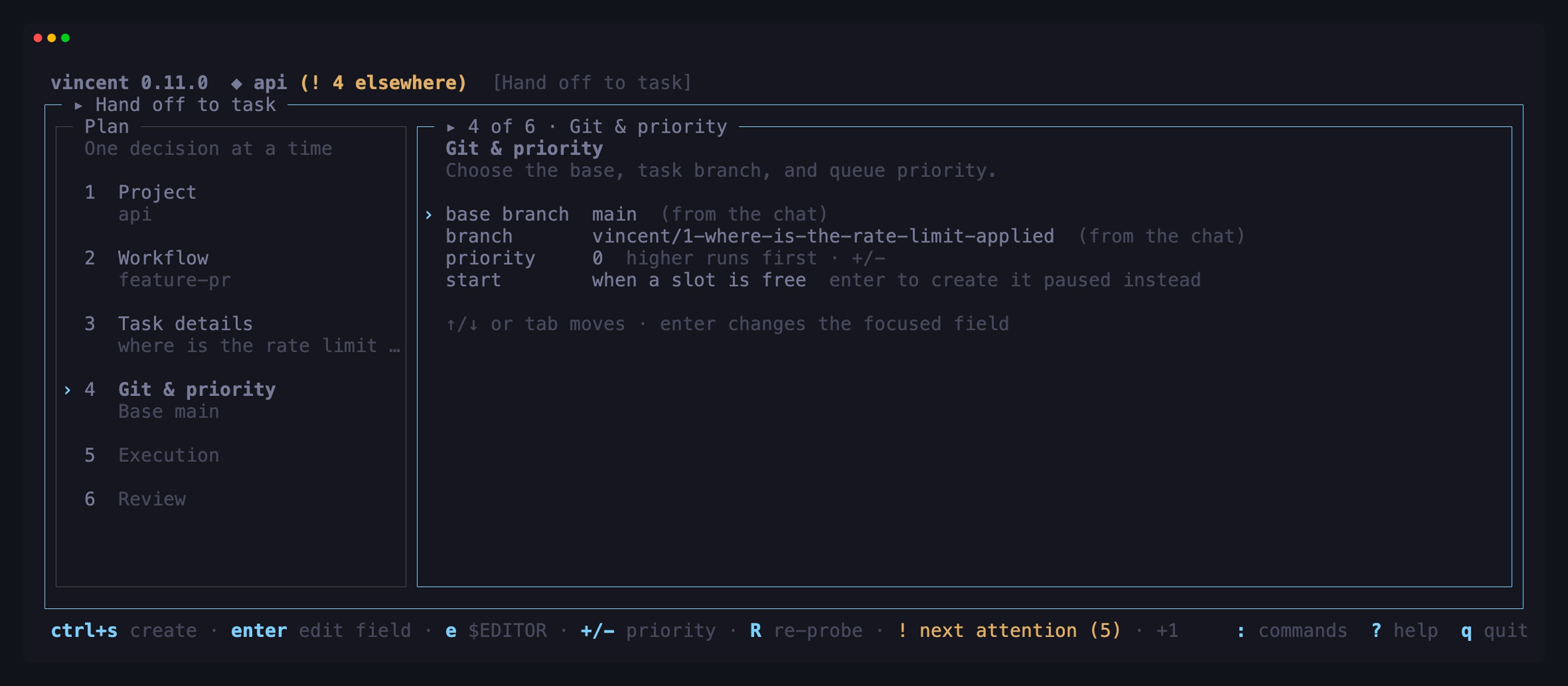 The handoff form on its Git & priority step, with the base branch and the
branch both marked `(from the chat)`