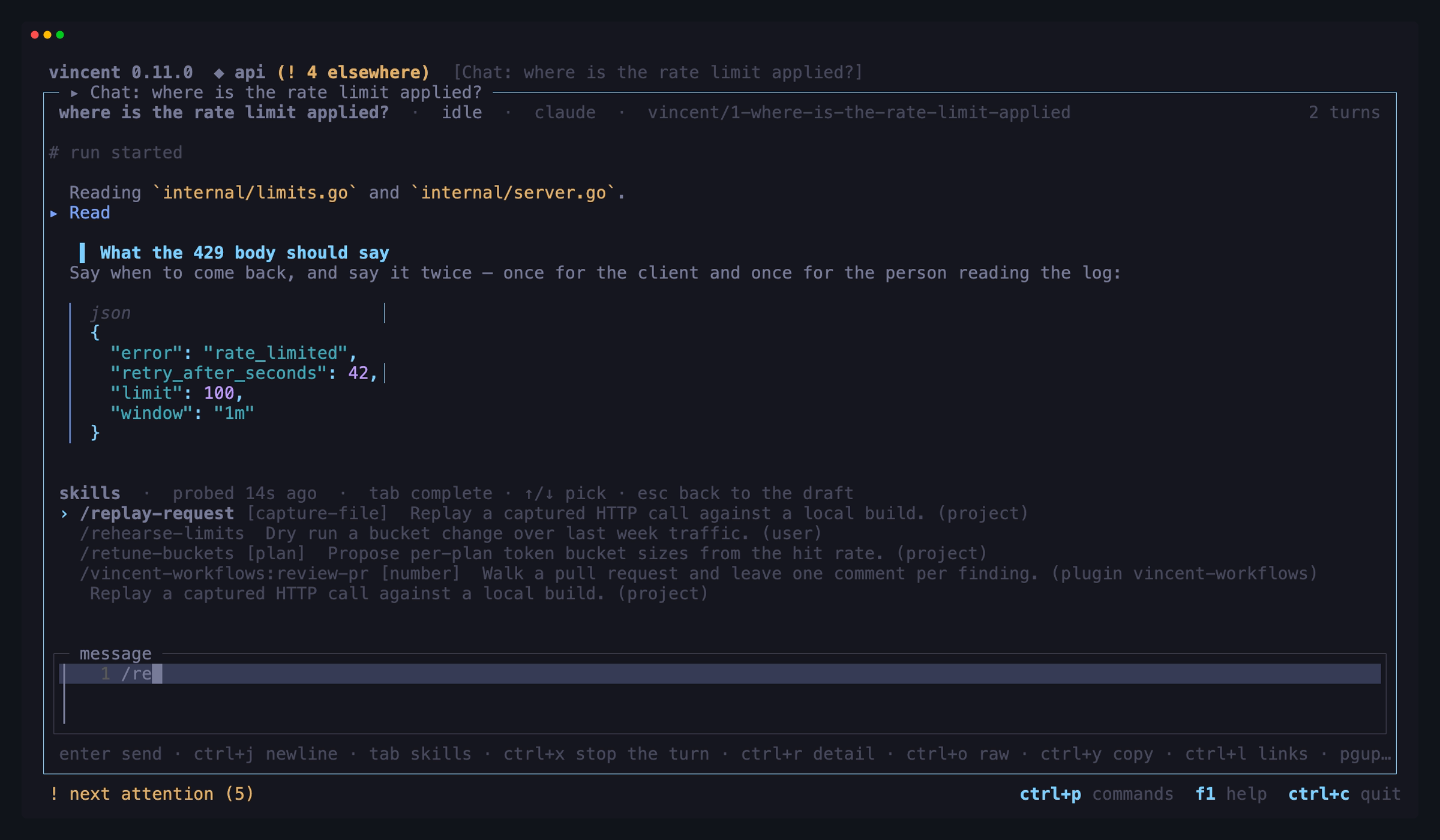 The same list opened by a typed `/re` in the composer, narrowed to the
skills whose names start with it and the plugin skill found under its bare
name, one row picked with `↓` and its description wrapped underneath,
and the draft still reading `/re`