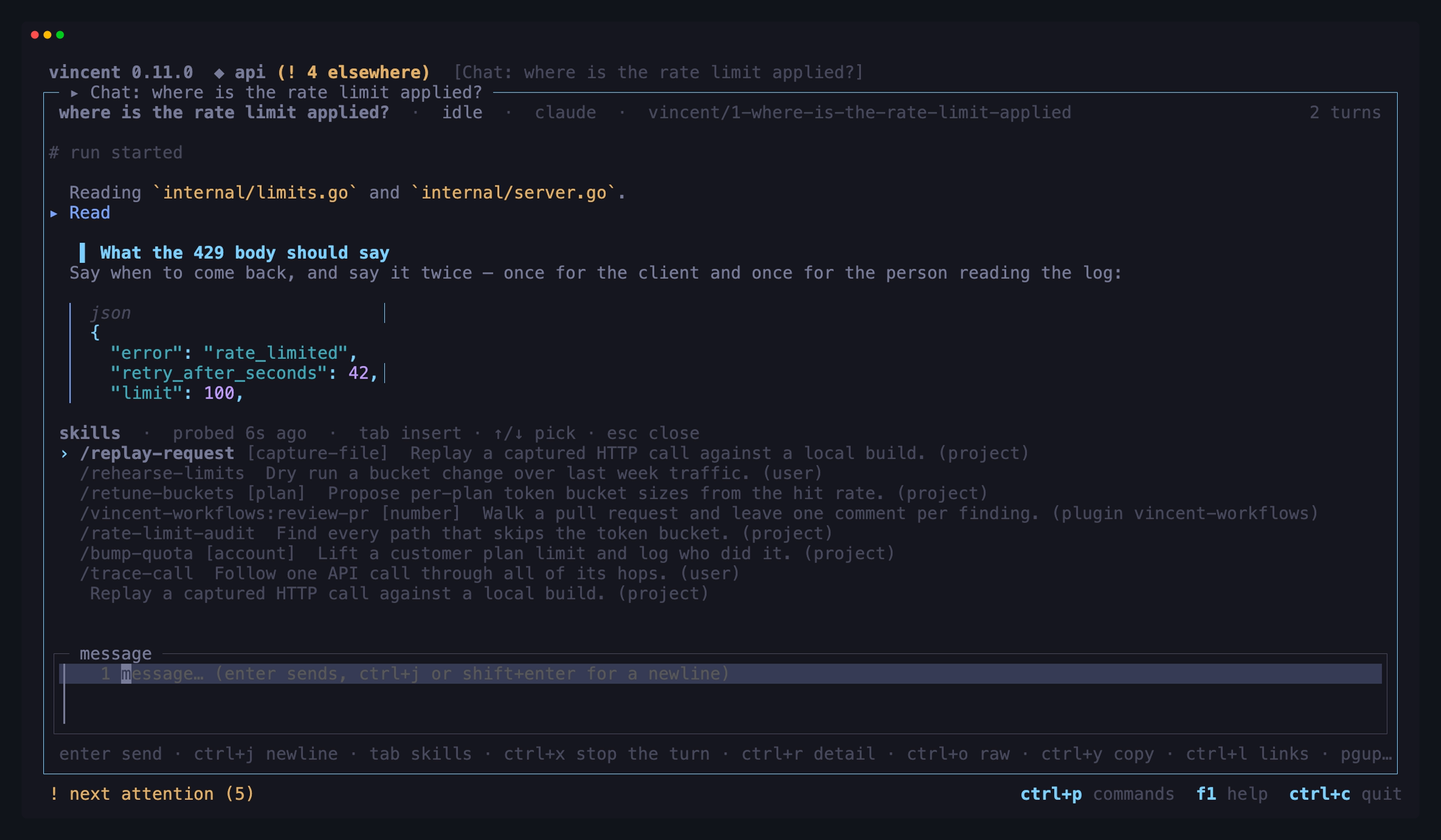 The skill list open above the chat composer: a `skills` line carrying how
long ago the agent was asked and what the keys do, one row per skill with its
invocation, argument hint and description, and the highlighted row's
description wrapped underneath