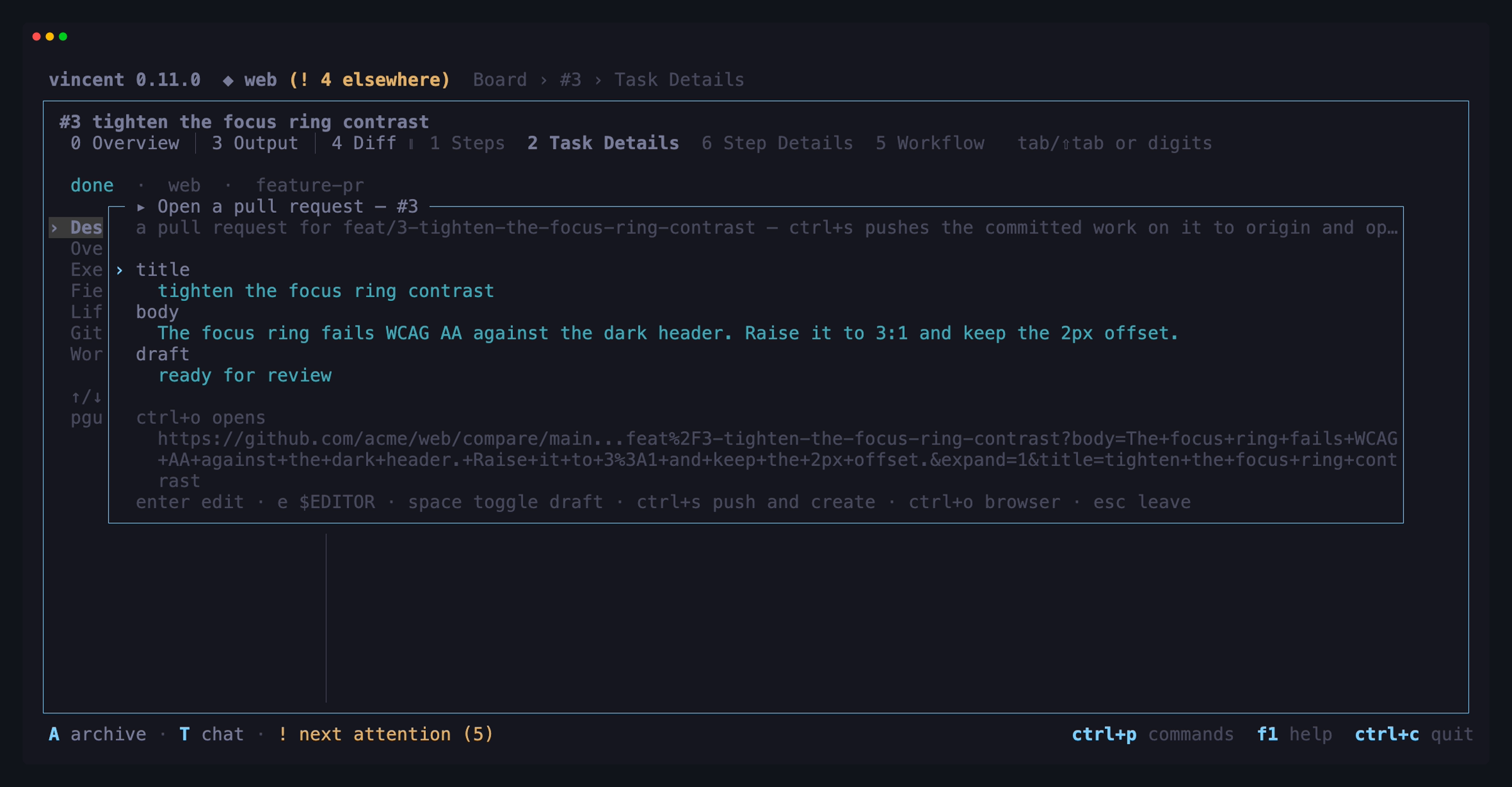 The open-a-pull-request popup over a finished task: the title and the body
guessed from the task's title and description, the draft row reading ready for
review, and the GitHub compare page ctrl+o would open
instead