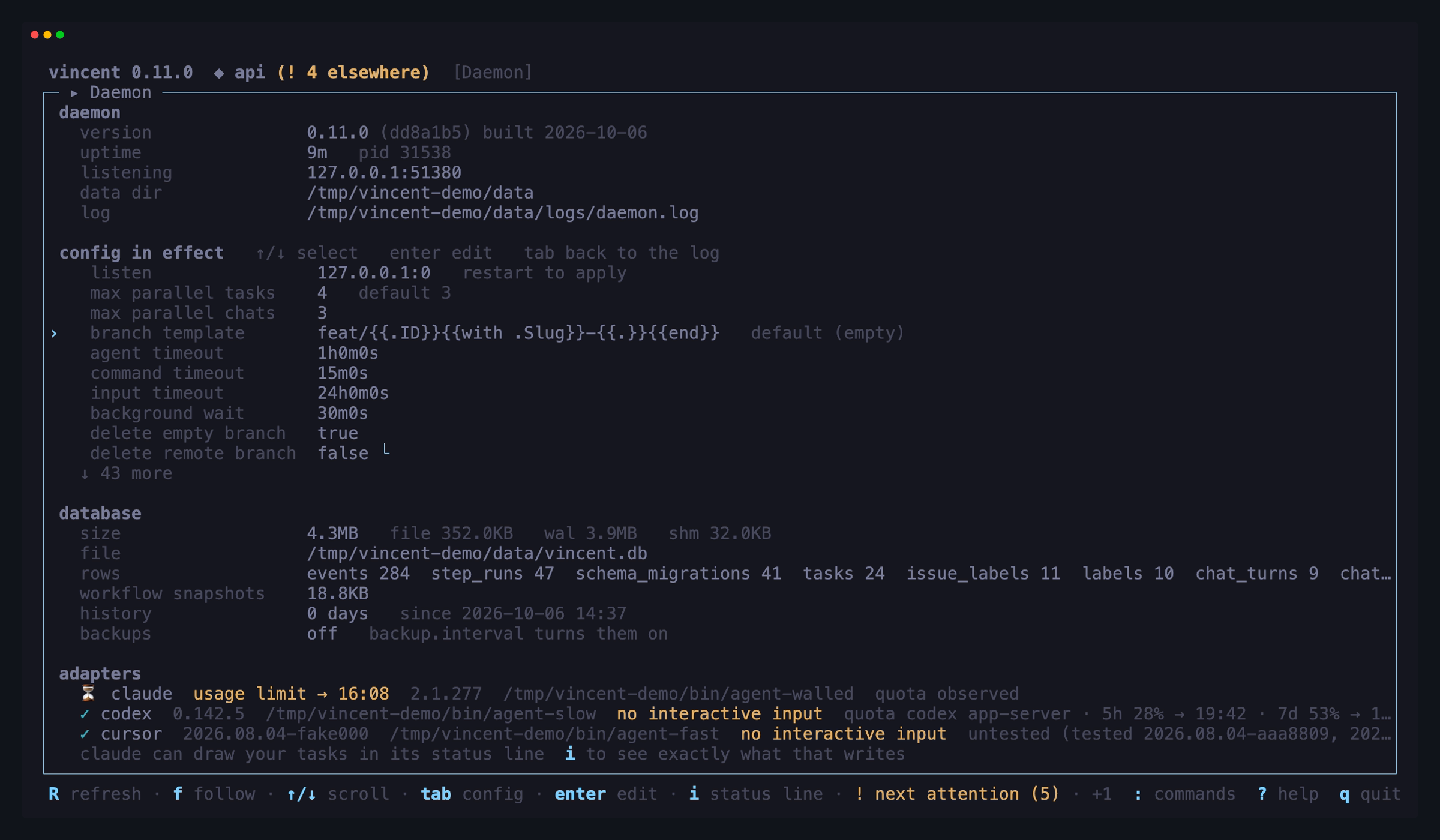 The daemon view with `tab` on the config list: each key with the value in
force and, where they differ, the built-in default — max parallel tasks 4
against 3, the branch template against an empty one — above the database block
and the adapters, claude behind an observed usage limit and codex reporting its
windows