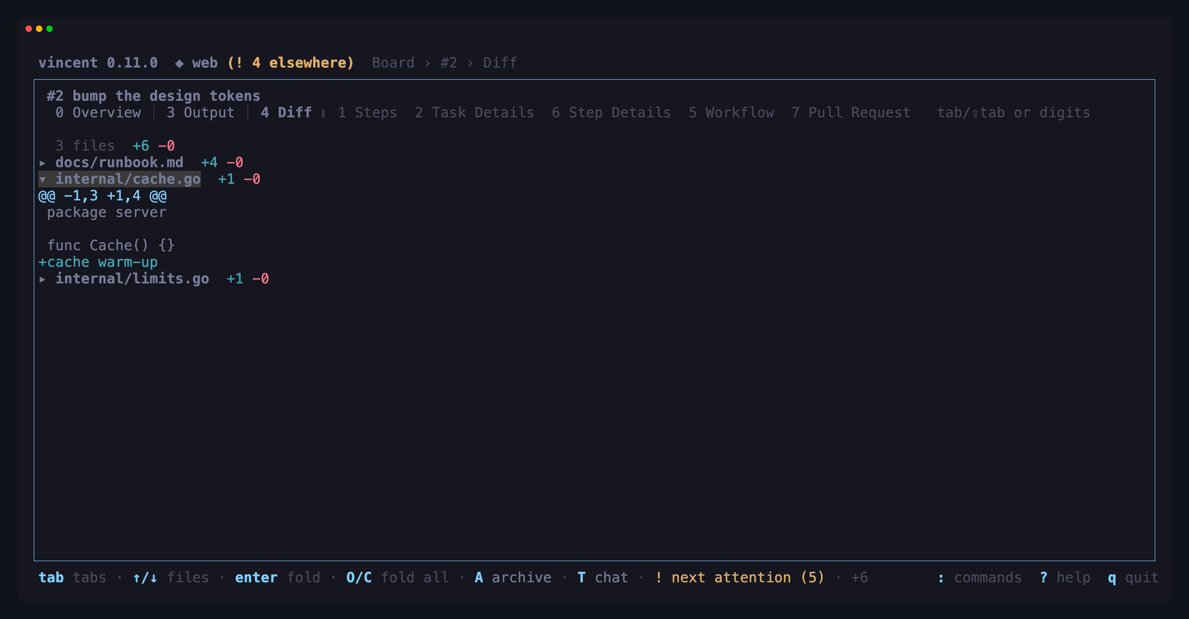 The Diff tab listing three changed files with their line counts, two folded
and one expanded to its hunk