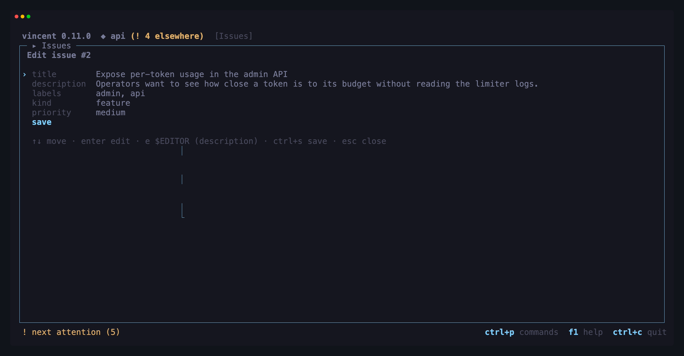 The issue form editing a local issue on api, filled from it: title,
description, the admin and api labels, kind feature and priority
medium