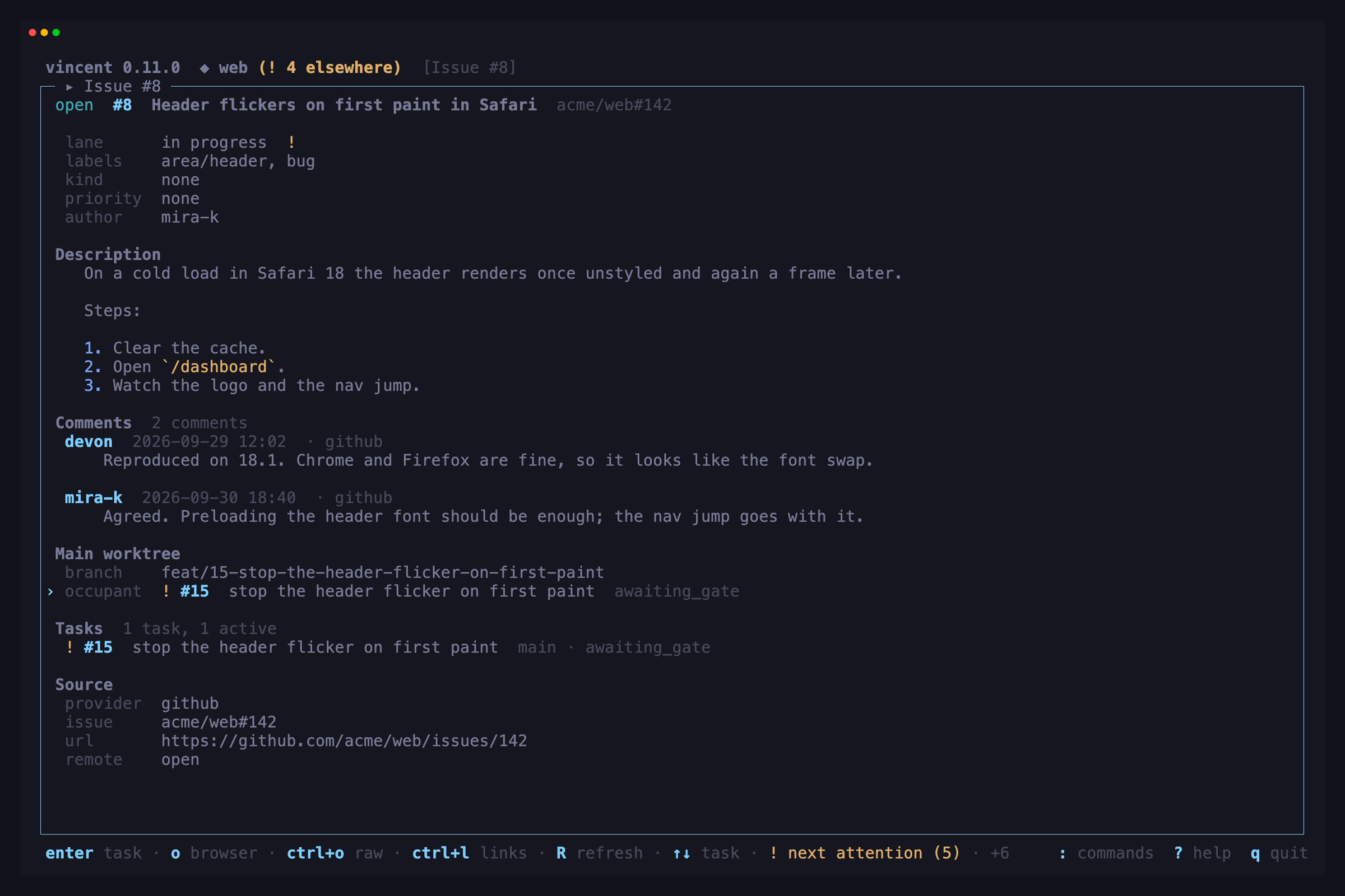 The detail of an issue imported from acme/web#142: its lane, labels,
kind, priority and author, the description rendered as Markdown, two comments
marked `· github`, the Main worktree section naming the branch and the task
holding it at its gate, that task marked `main`, and the Source
section