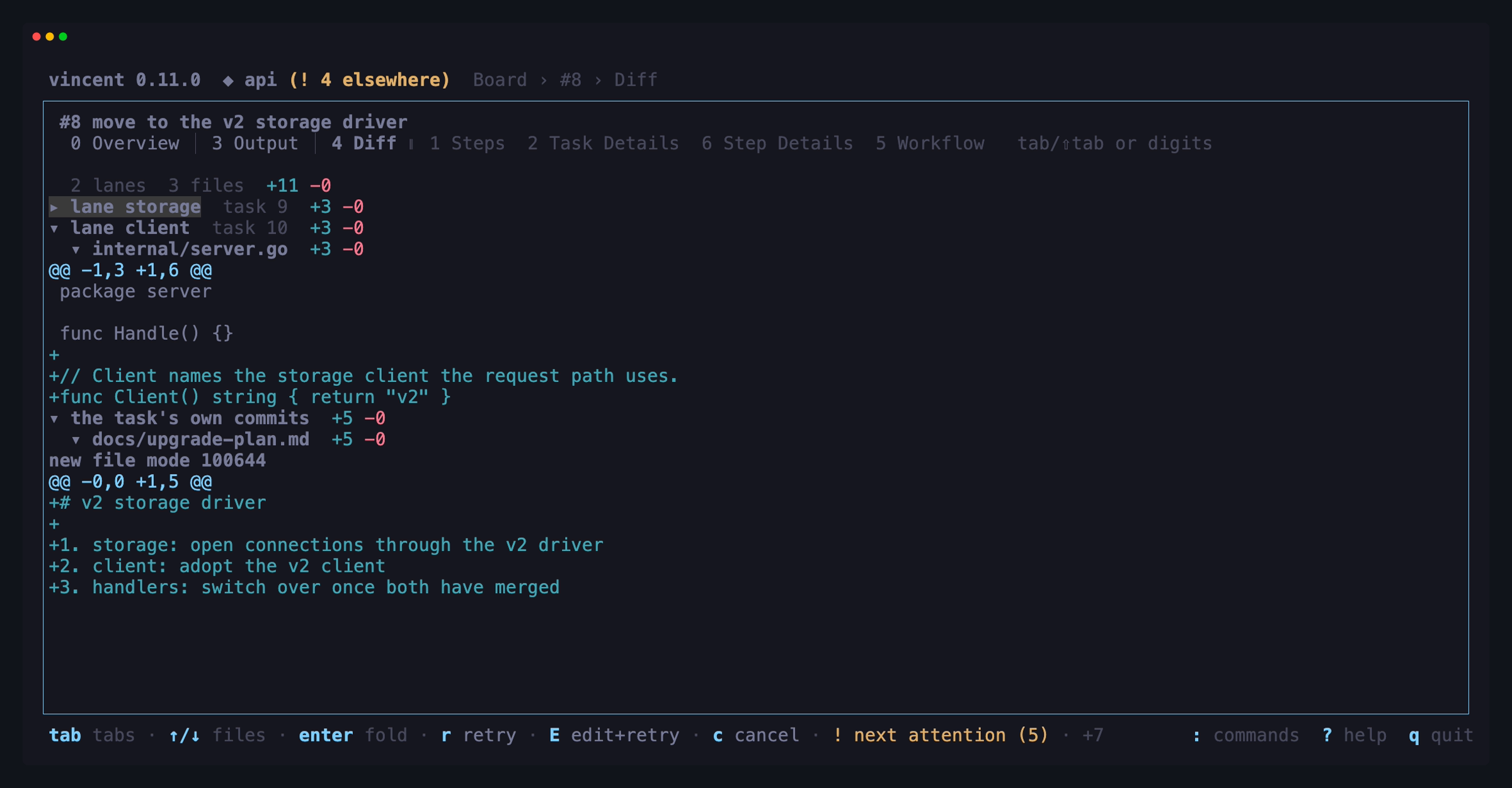 The Diff tab of a fan-out parent between its two rounds: two lanes and three
files in all, the storage lane folded, the client lane open to its file and
hunk, and the task's own commits holding the plan it wrote before it fanned
out