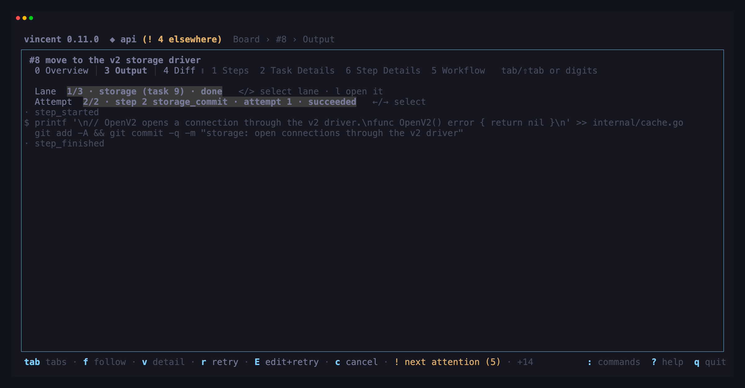 The Output tab of the same parent after one `>`: the lane strip reads `1/3 ·
storage (task 9) · done`, and the attempt strip and the output under it are that
lane's