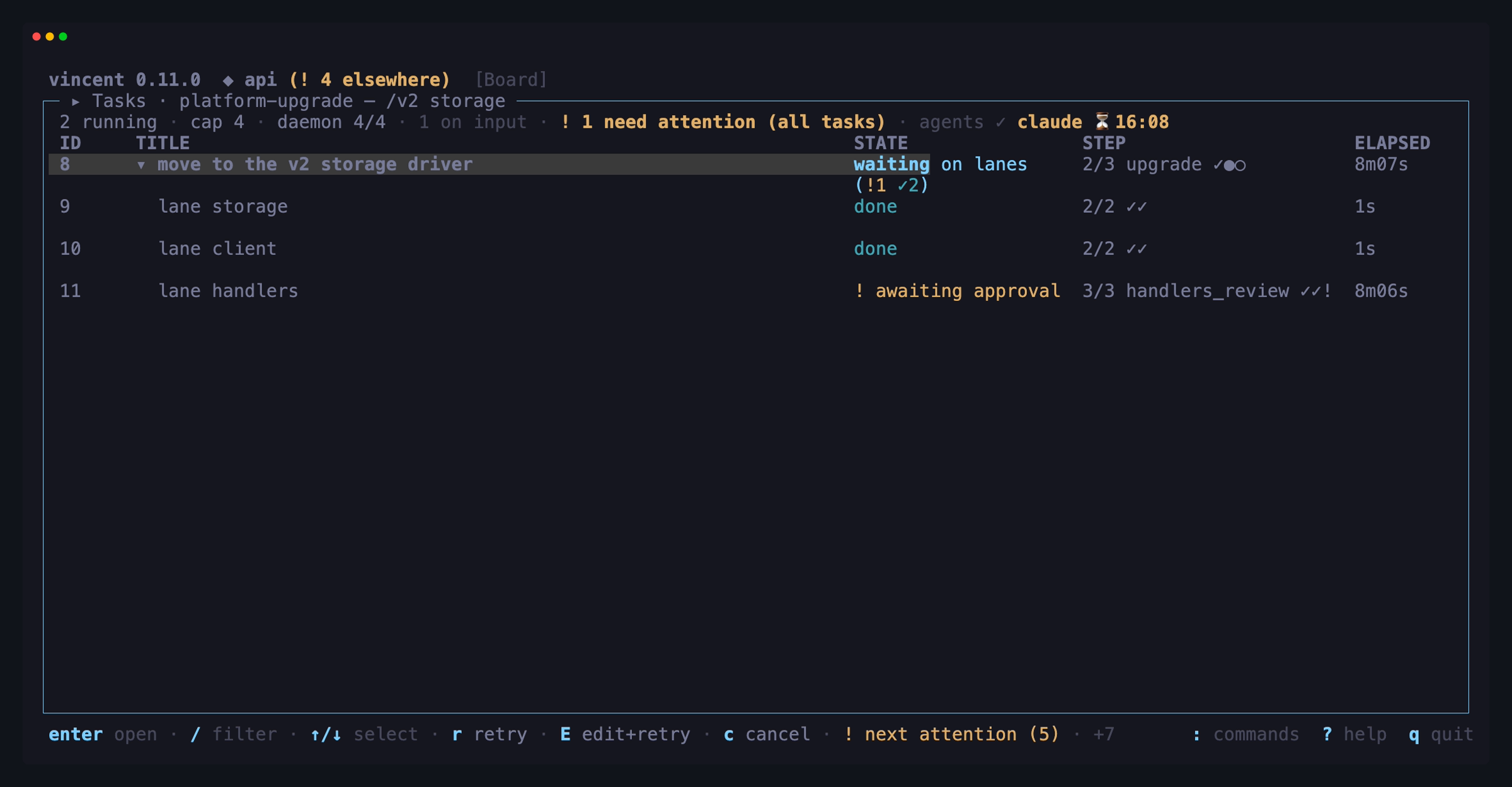 The board filtered to a fan-out parent in awaiting_children and expanded with
`L`: its storage and client lanes done, and the handlers lane — spawned in the
second round, once both had merged — waiting at its gate