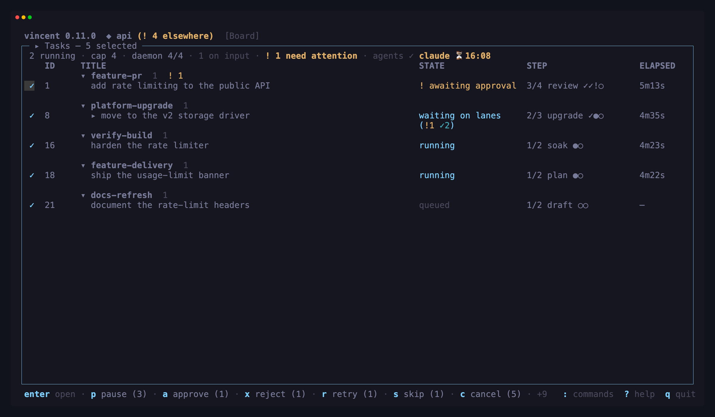 Every row of api's board selected, the panel title reading "Tasks — 5
selected", and the action bar offering each action with the number of selected tasks it can move