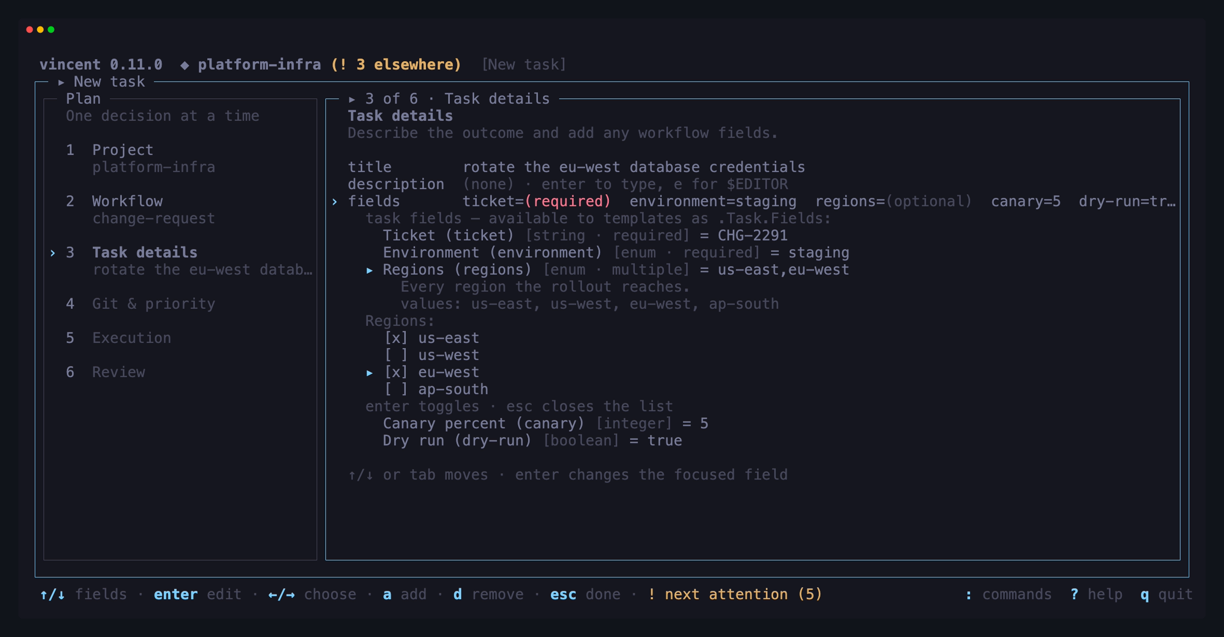 New task on a workflow that declares five fields: a required ticket with its
pattern filled in, a required environment enum at its default of staging, the
multiple-choice regions list open with us-east and eu-west ticked, an integer
canary percent and a boolean dry run