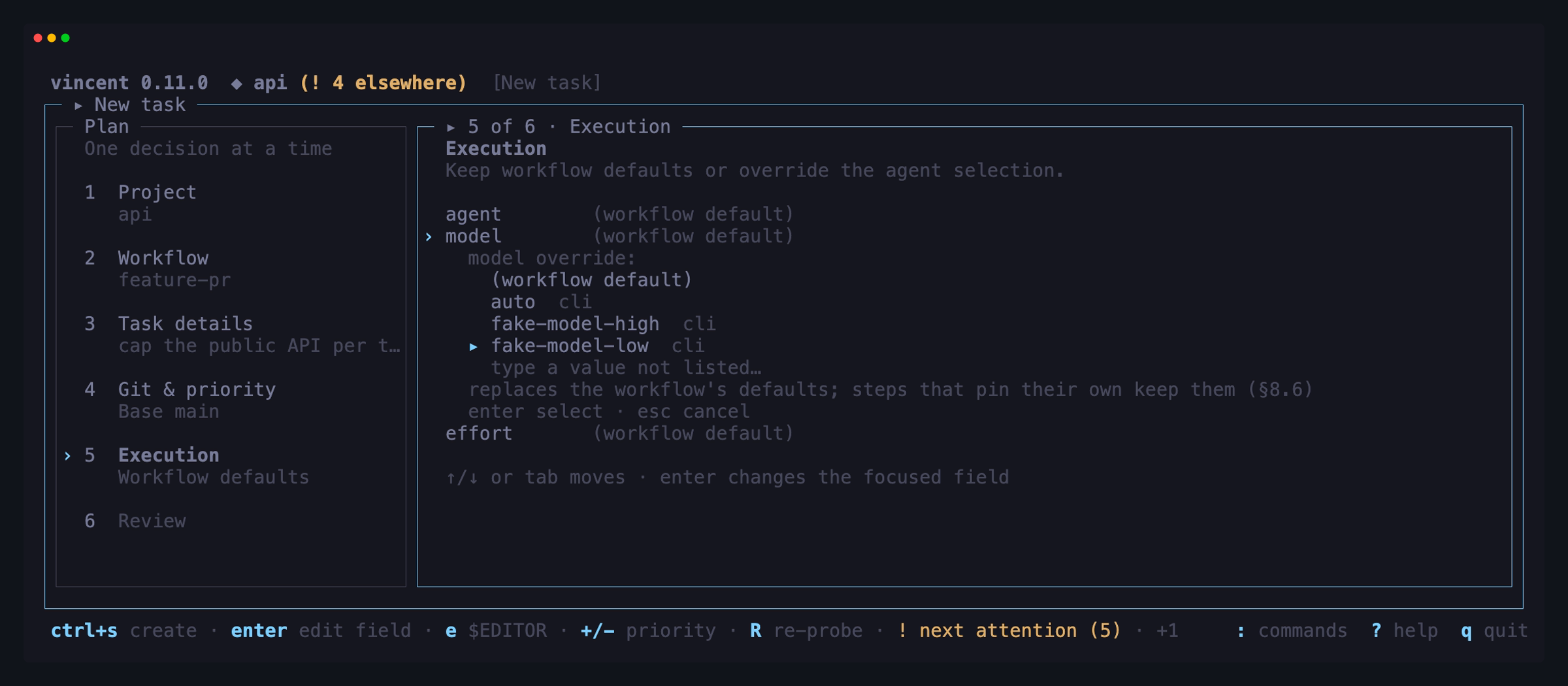 The guided new-task flow at its Execution stage, with the six-step plan, the decisions made so far, and the model override list open