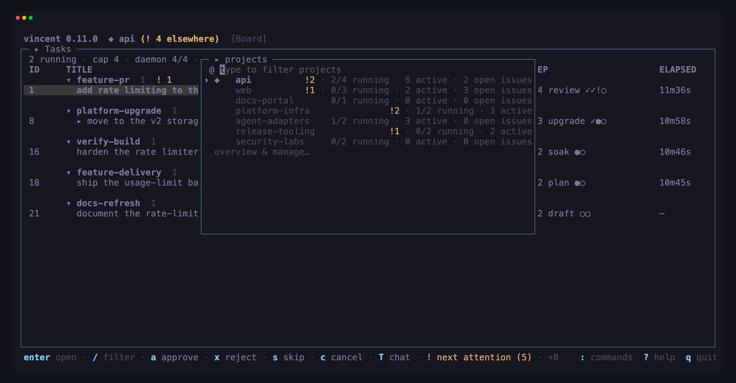 The project picker over the board