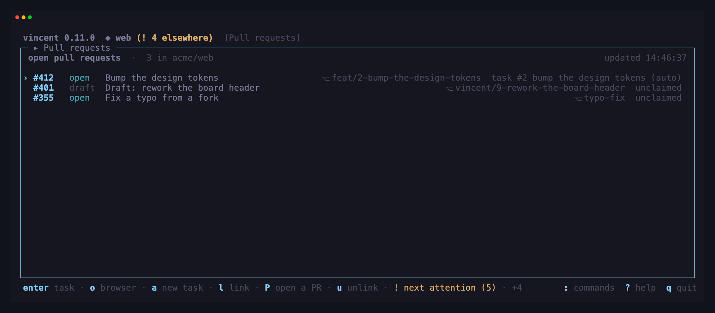The pull requests screen: one GitHub project's three open pull requests —
#412 claimed by task 2, which the reconciler matched by its head branch, an
unclaimed draft, and an unclaimed pull request from a
fork