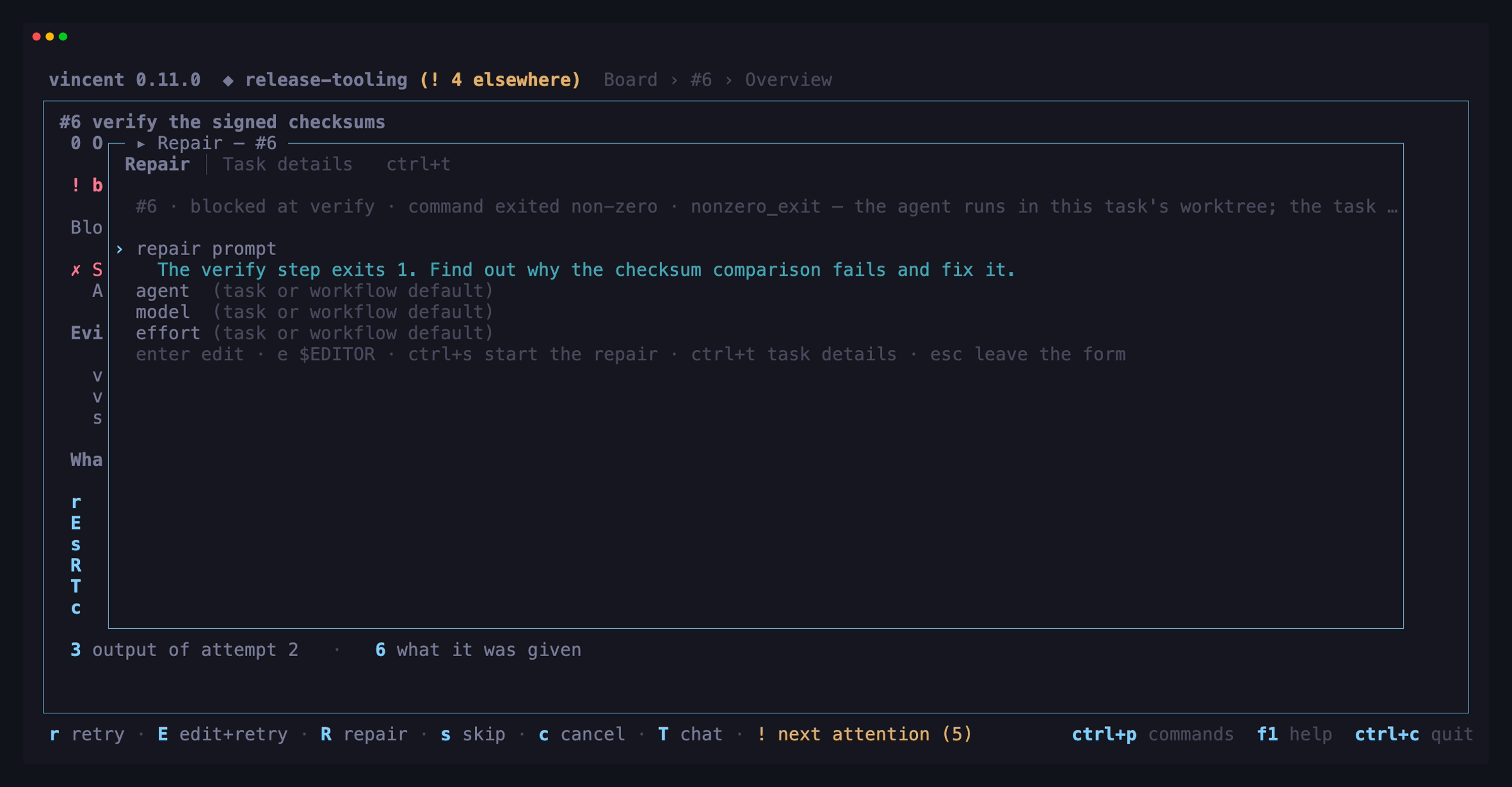 The repair popup over a blocked task: the step and reason it is blocked on,
a written repair prompt, and the agent, model and effort rows left at their
defaults