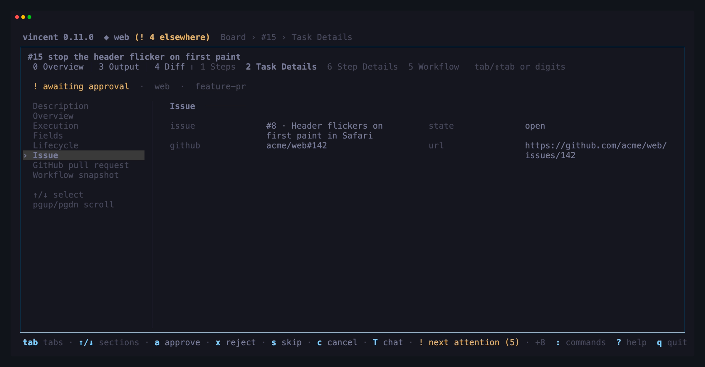 Task Details on a task started from an imported issue, with the Issue
section selected: the vincent issue and its title, its state, its GitHub
reference acme/web#142 and its URL