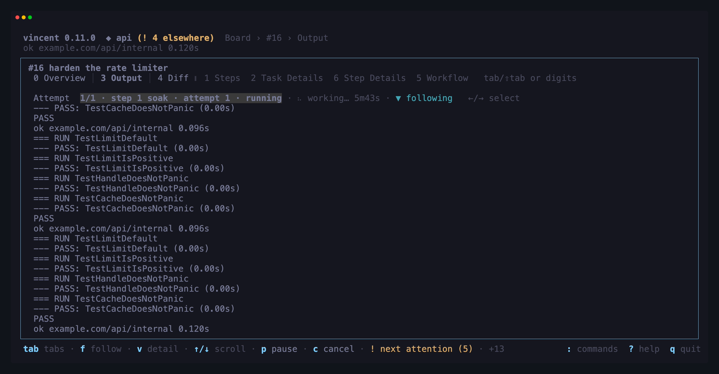 The Output tab following a live test run