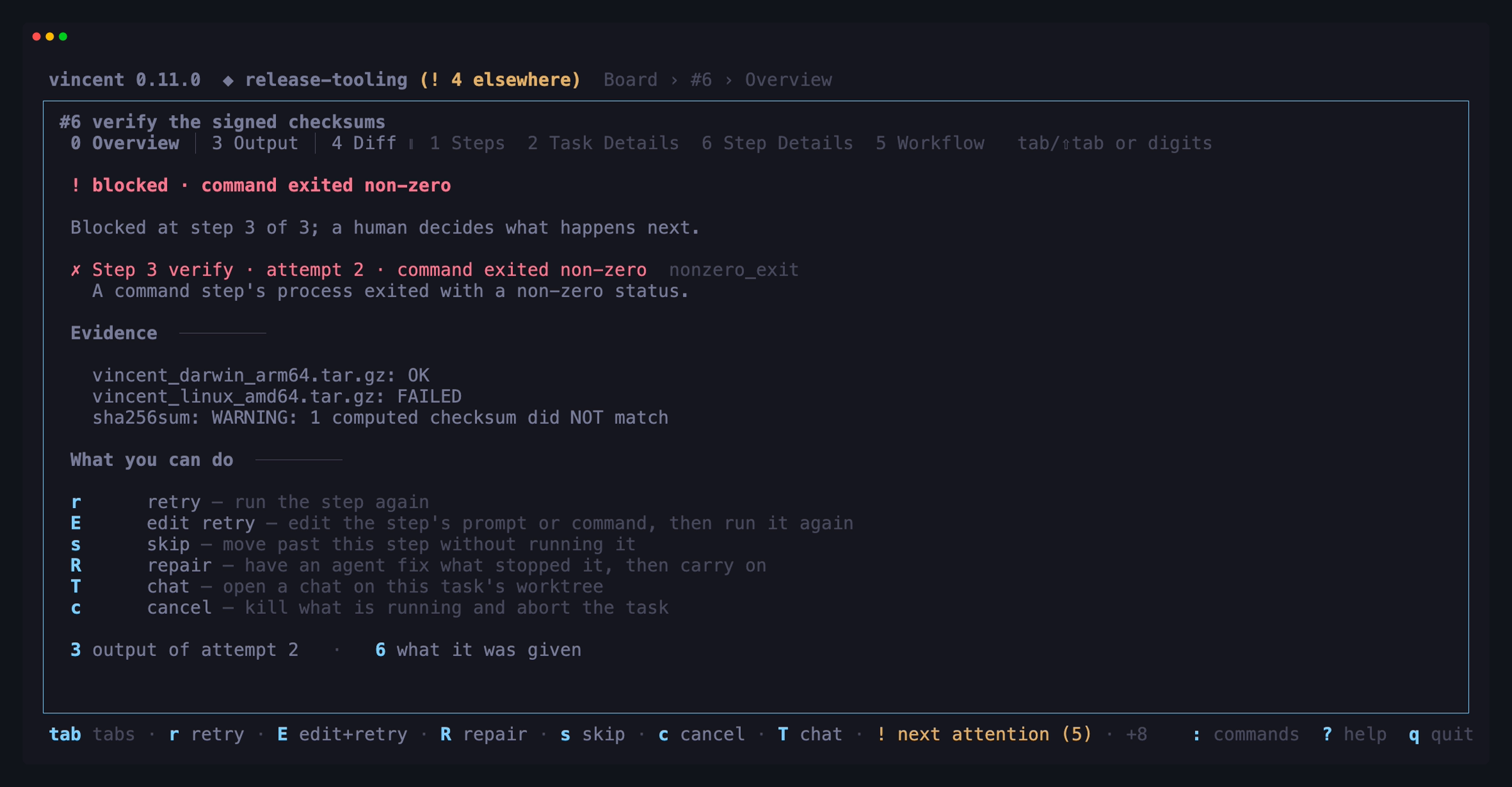 A blocked task's Overview: the failure card with its reason, evidence and
actions