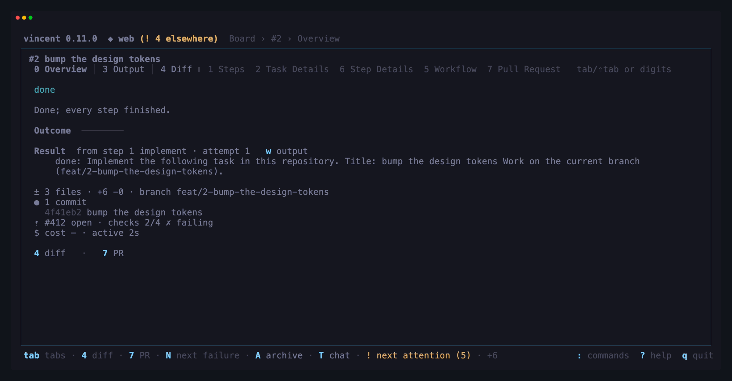 A done task's Overview: the outcome card with its result, changes, commits
and pull request
