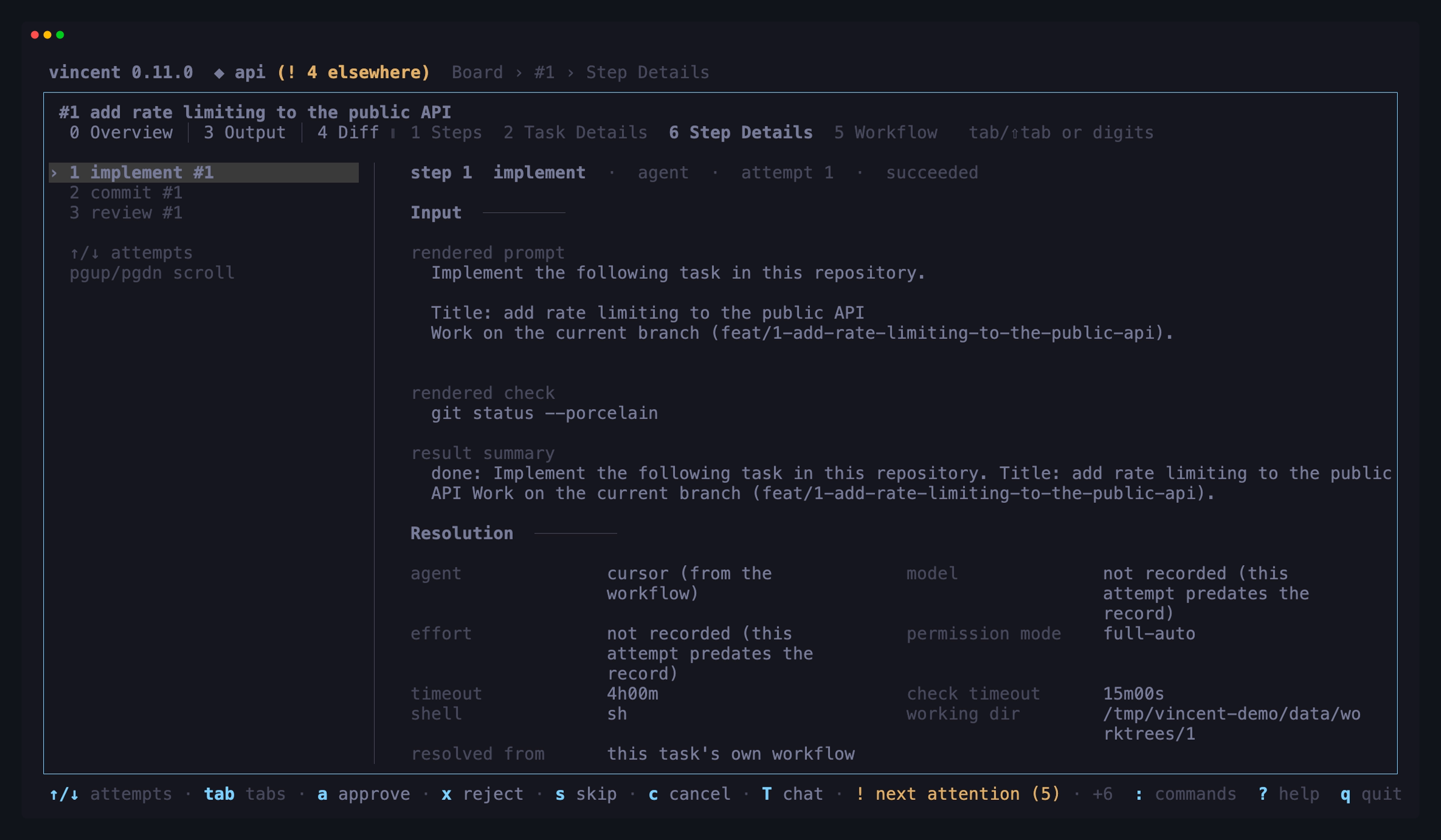 Step Details on an agent step: the attempts in the sidebar, then the rendered
prompt with the task's title and branch substituted in, the rendered check, the
result summary, and the resolution with the level each value came
from