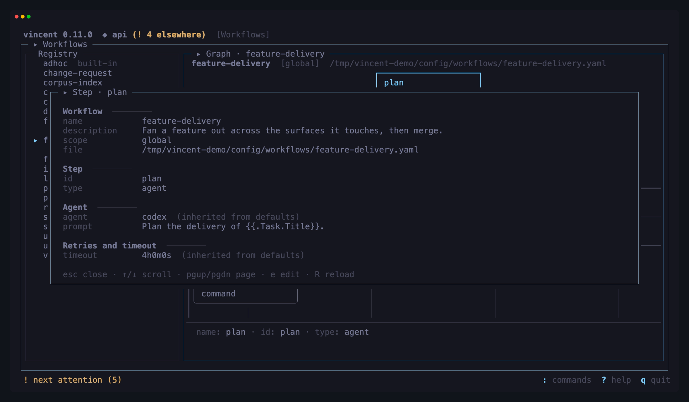 The step-detail popup over the graph: the selected agent step in full — the
workflow it belongs to, its id and type, its whole prompt, and its agent and
timeout both marked as inherited from defaults