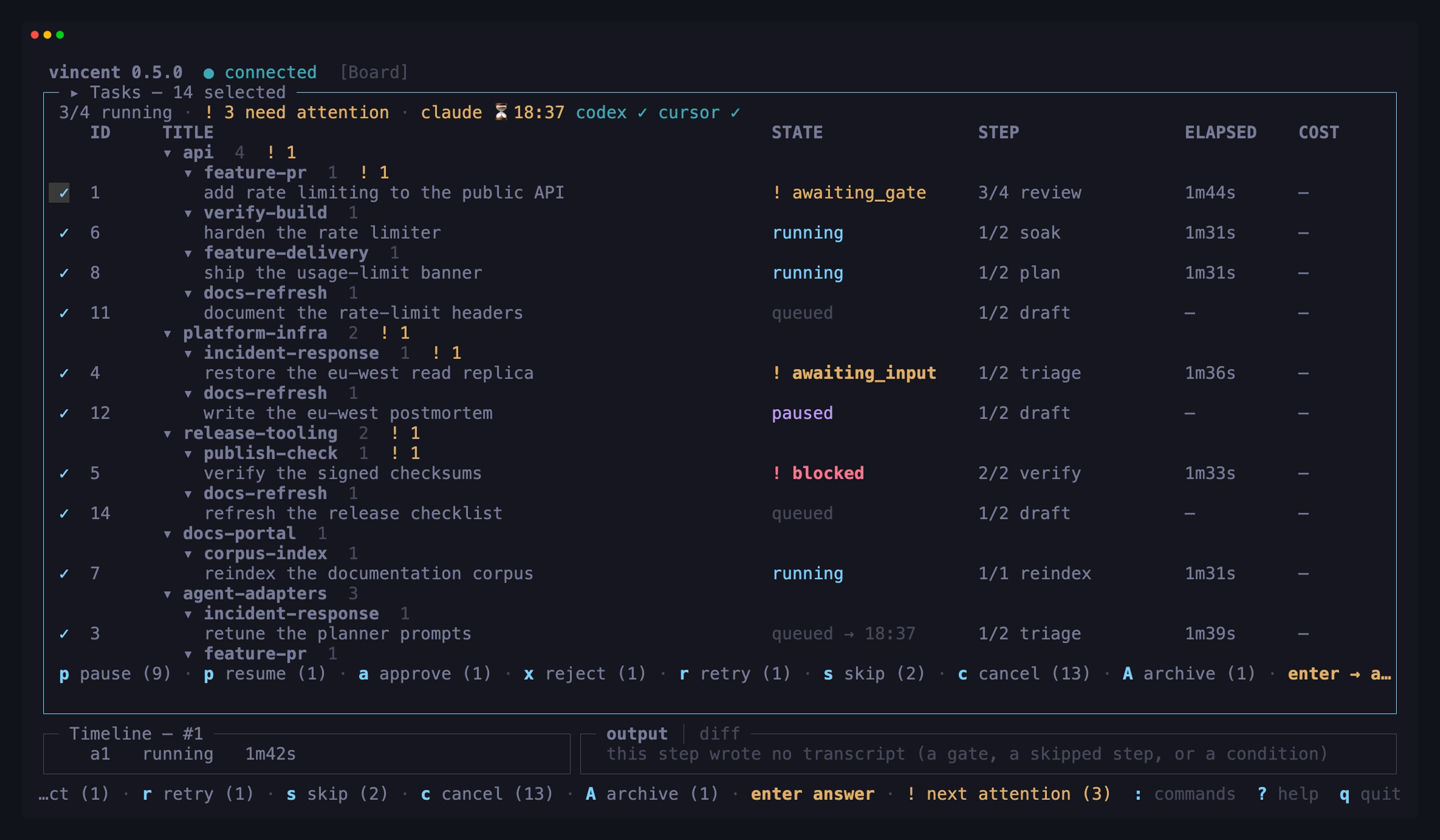 Every row selected, the panel title reading "Tasks — 13 selected", and the
action bar offering each action with the number of selected tasks it can move