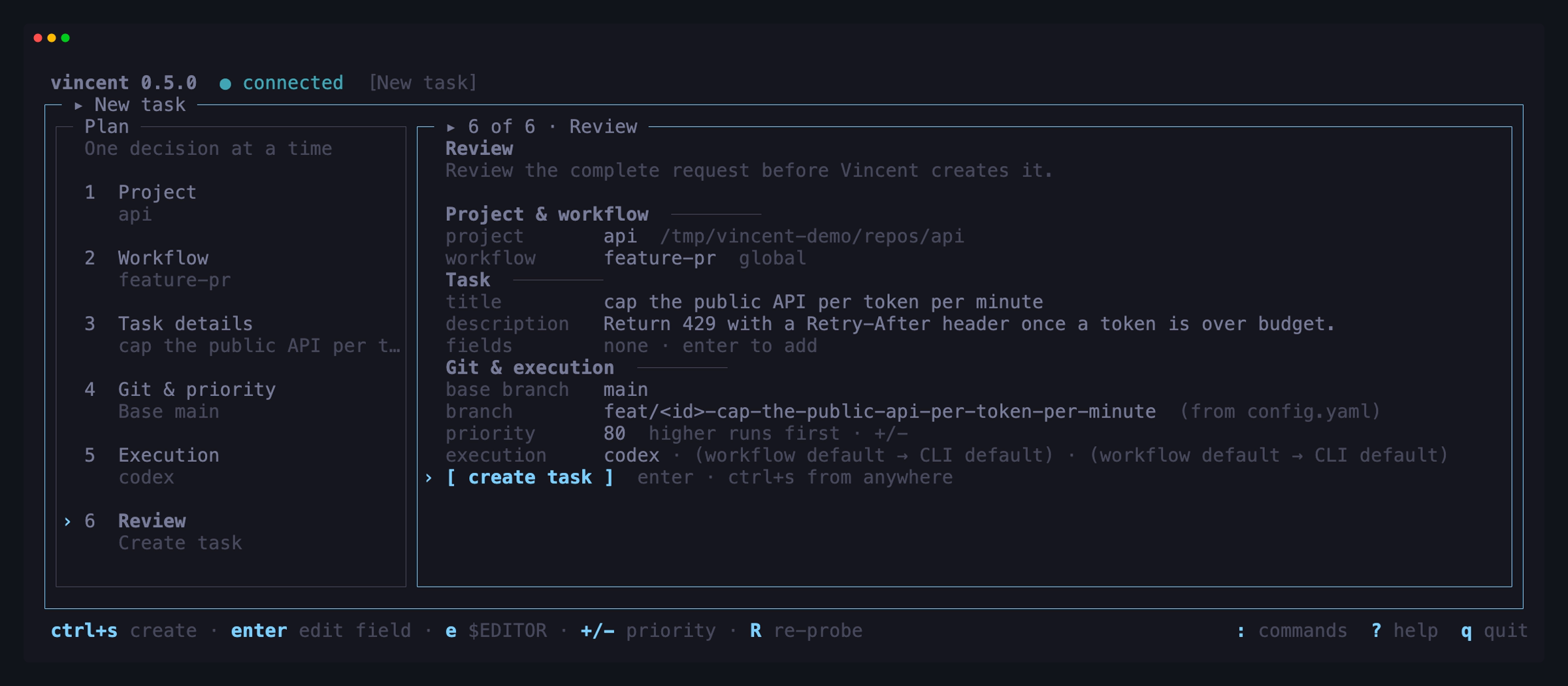 The guided new-task flow at its final review stage, with the six-step plan and a populated task request