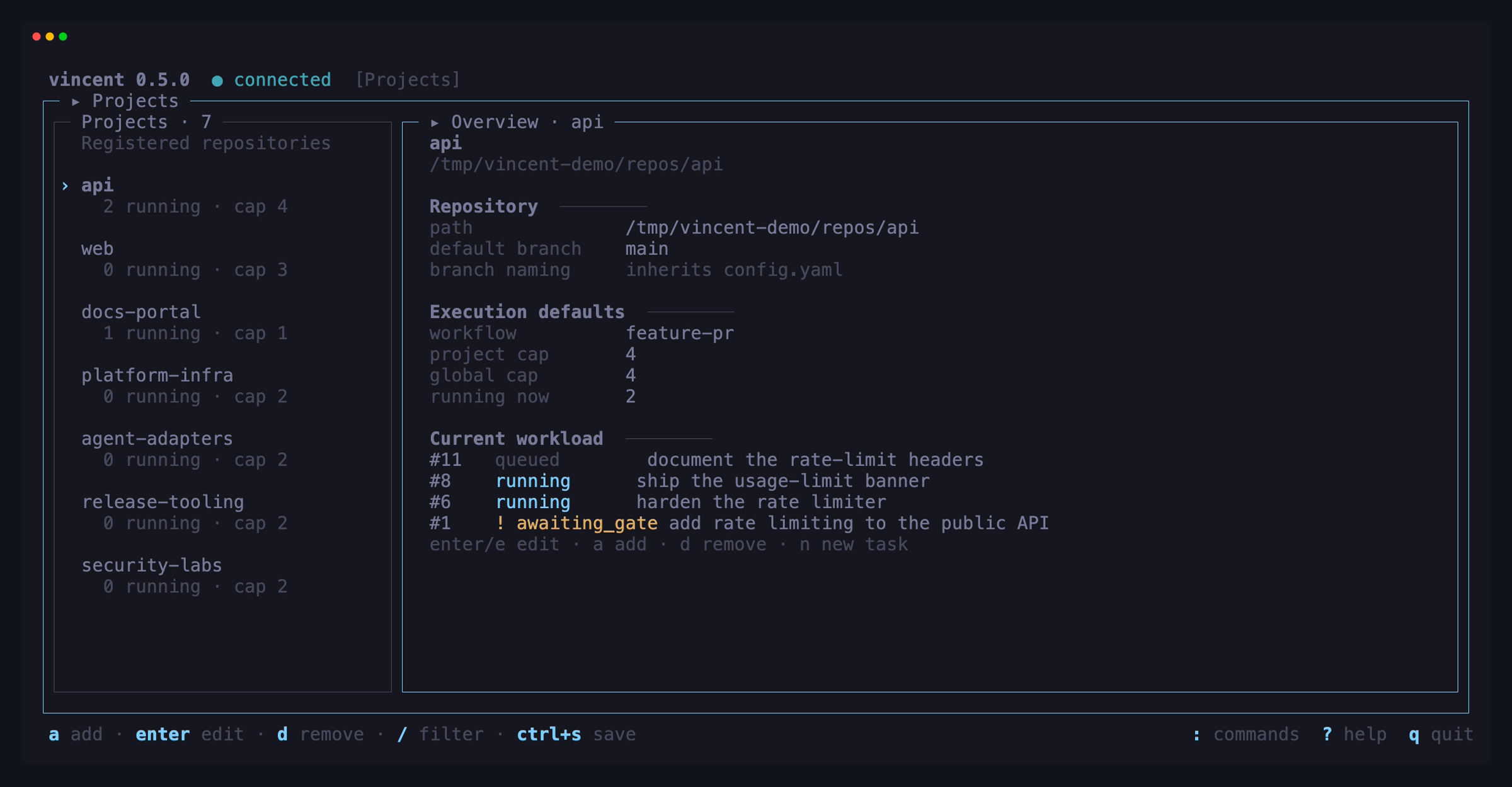 The Projects view showing seven repositories, execution defaults, concurrency limits, and a mixed active workload