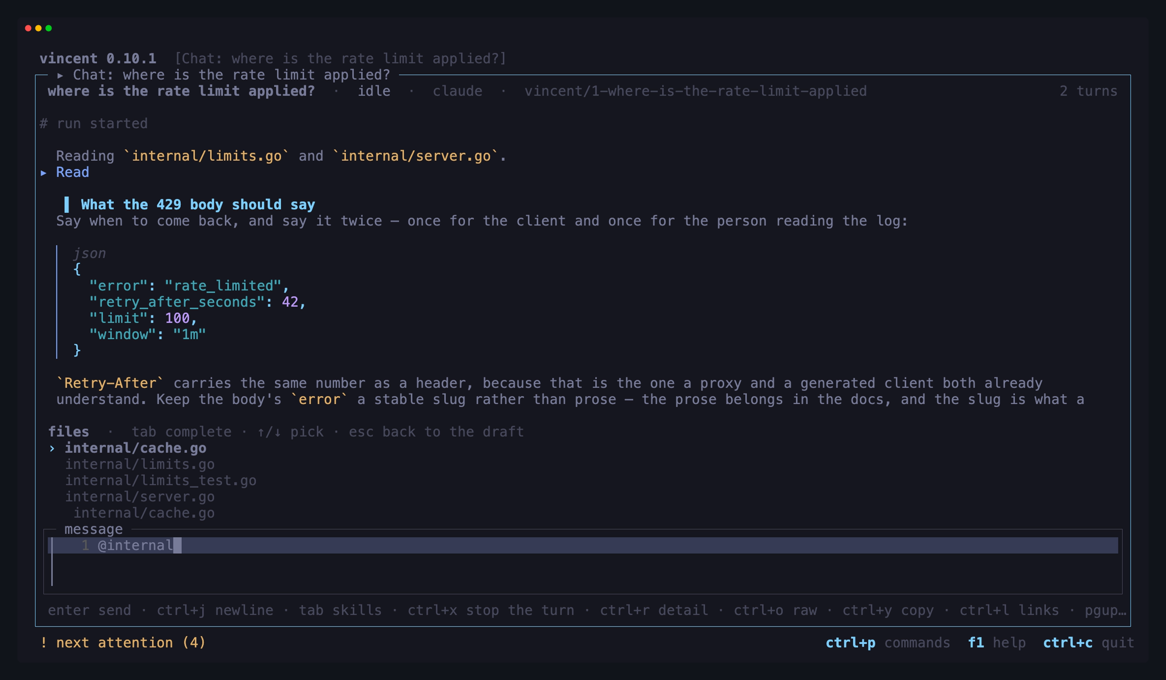 The chat composer's file list opened by a typed `@internal`, ranked, one
row picked with `↓` and its whole path on the line under the rows, and the
draft still reading `@internal`