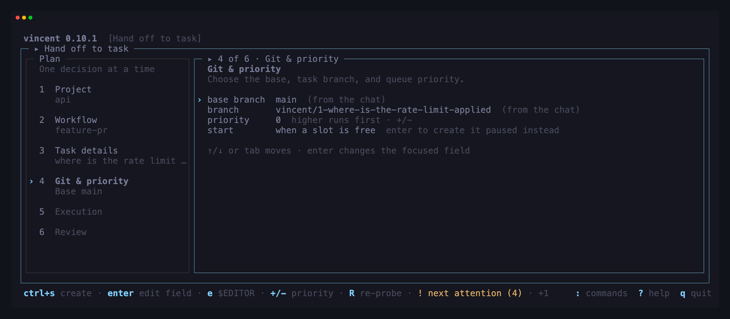 The handoff form on its Git & priority step, with the base branch and the
branch both marked `(from the chat)`