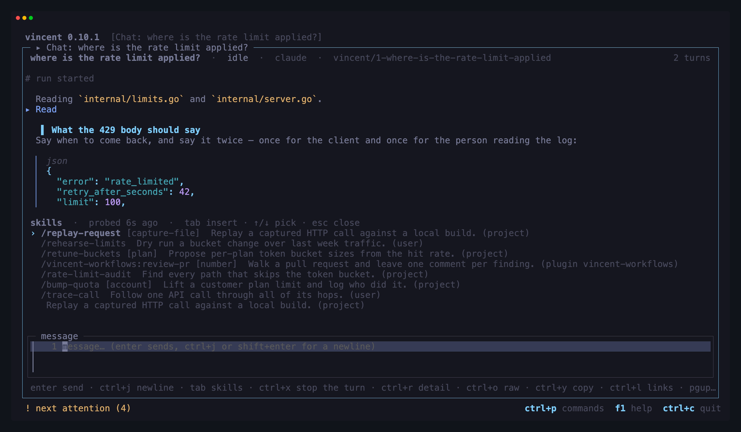 The skill list open above the chat composer: a `skills` line carrying how
long ago the agent was asked and what the keys do, one row per skill with its
invocation, argument hint and description, and the highlighted row's
description wrapped underneath