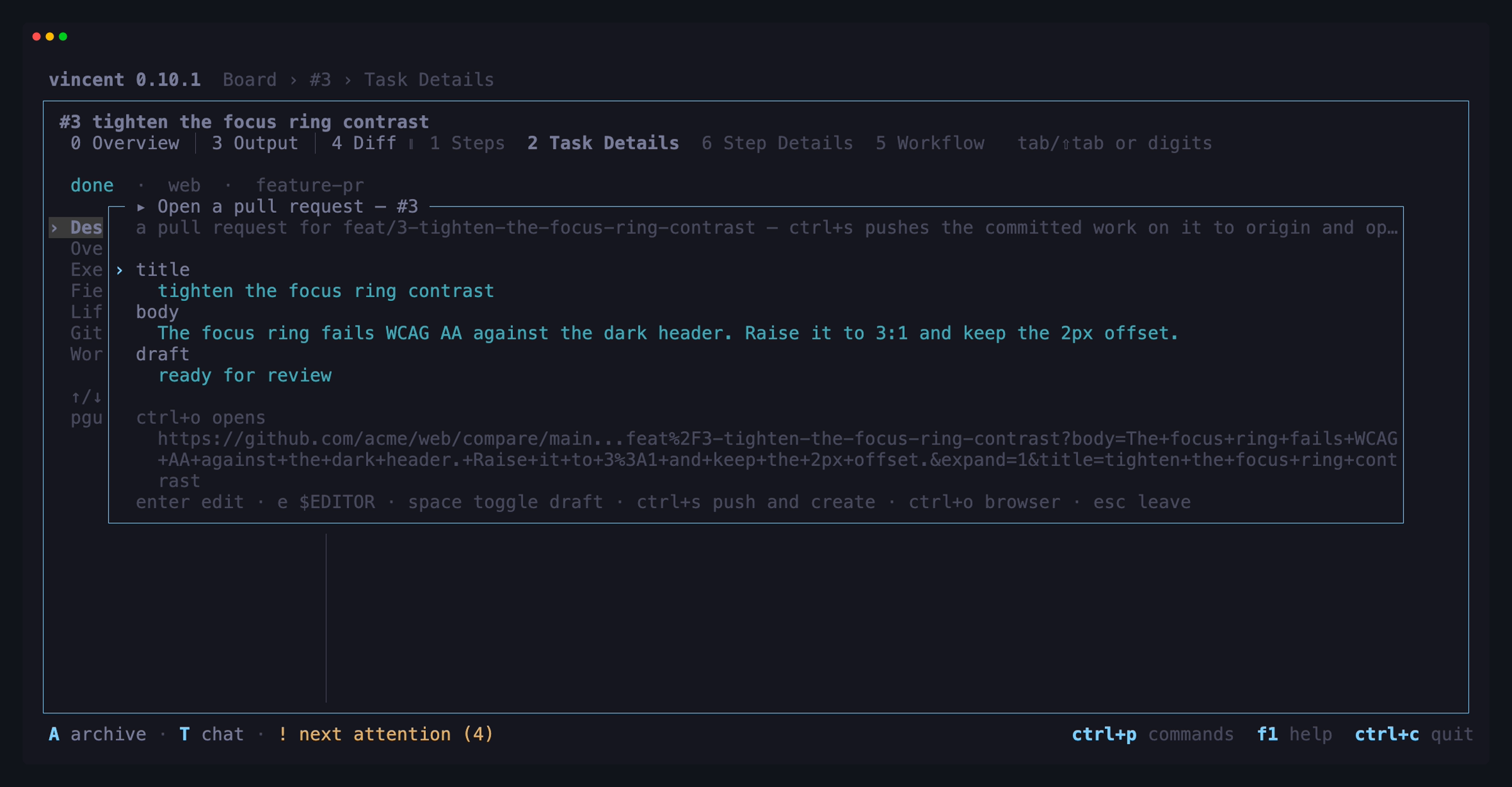 The open-a-pull-request popup over a finished task: the title and the body
guessed from the task's title and description, the draft row reading ready for
review, and the GitHub compare page ctrl+o would open
instead