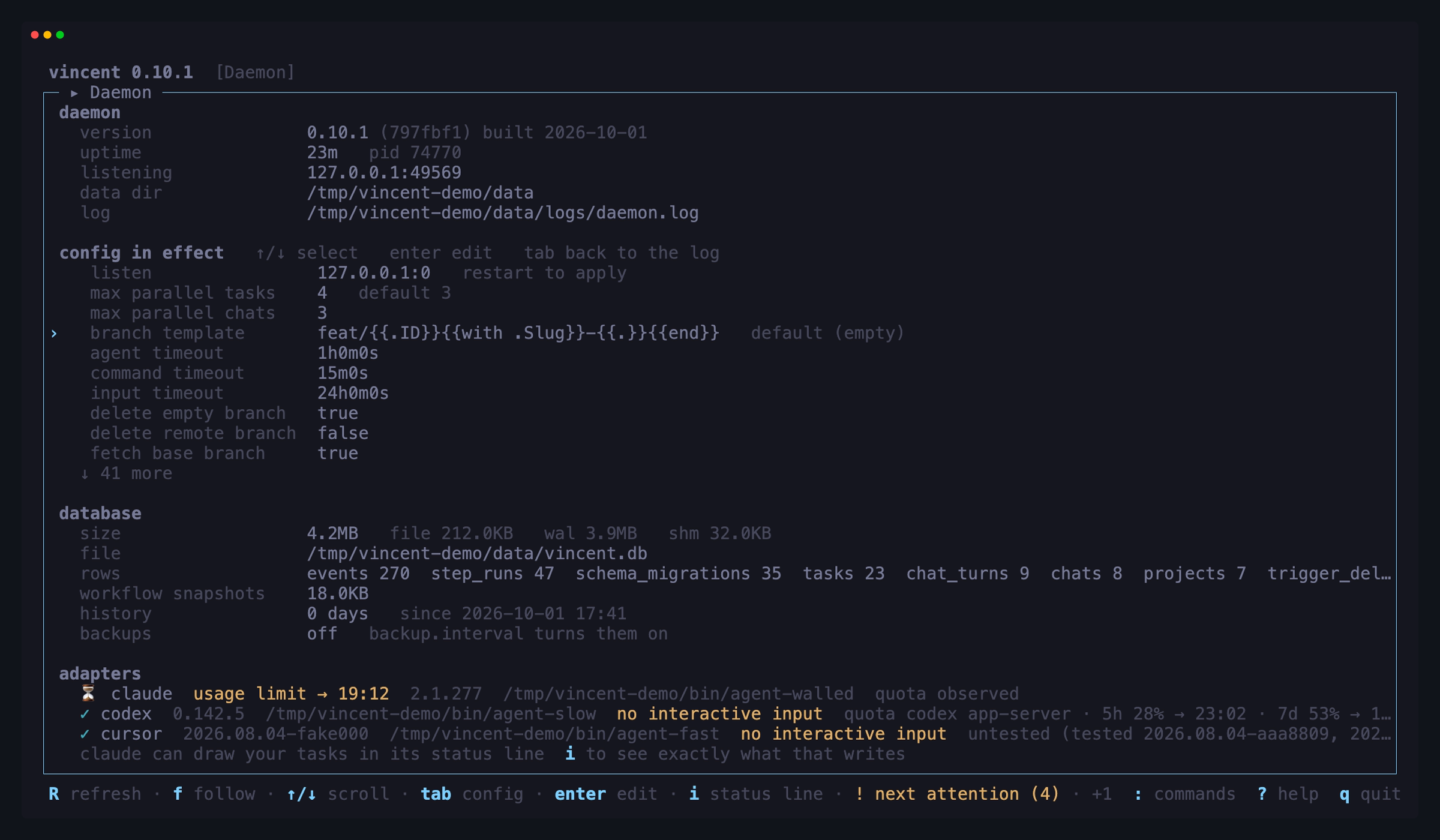 The daemon view with `tab` on the config list: each key with the value in
force and, where they differ, the built-in default — max parallel tasks 4
against 3, the branch template against an empty one — above the database block
and the adapters, claude behind an observed usage limit and codex reporting its
windows