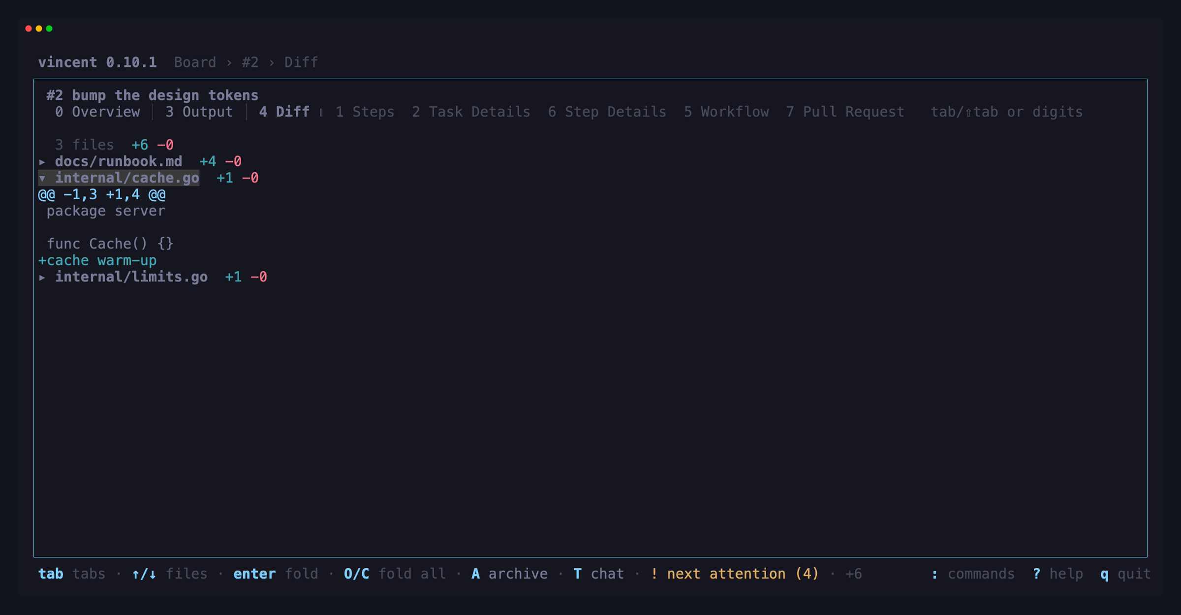 The Diff tab listing three changed files with their line counts, two folded
and one expanded to its hunk