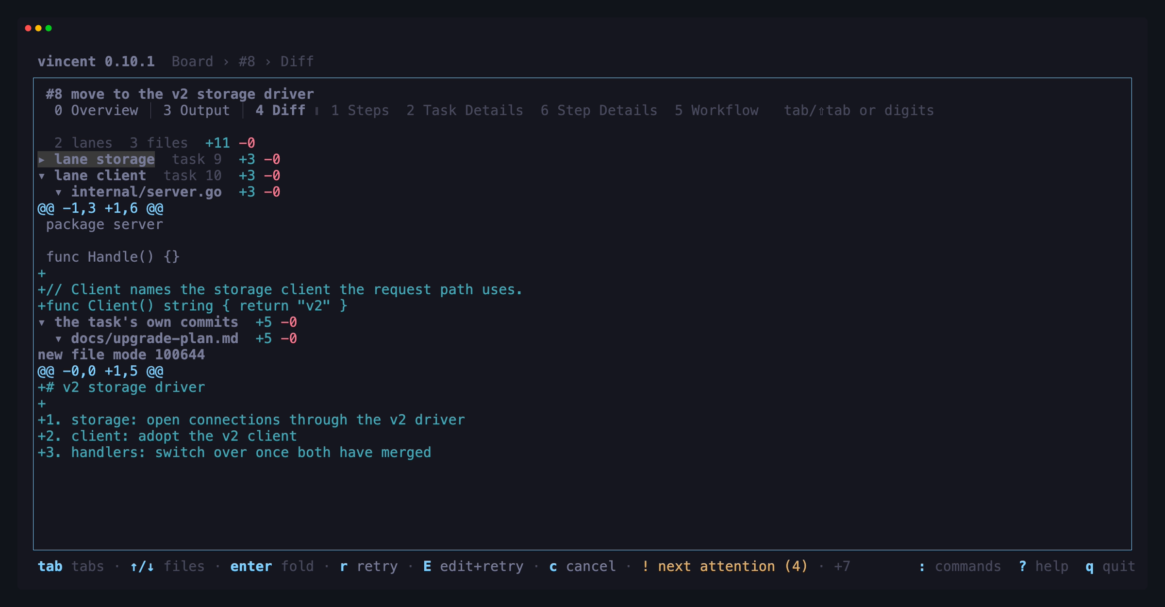 The Diff tab of a fan-out parent between its two rounds: two lanes and three
files in all, the storage lane folded, the client lane open to its file and
hunk, and the task's own commits holding the plan it wrote before it fanned
out