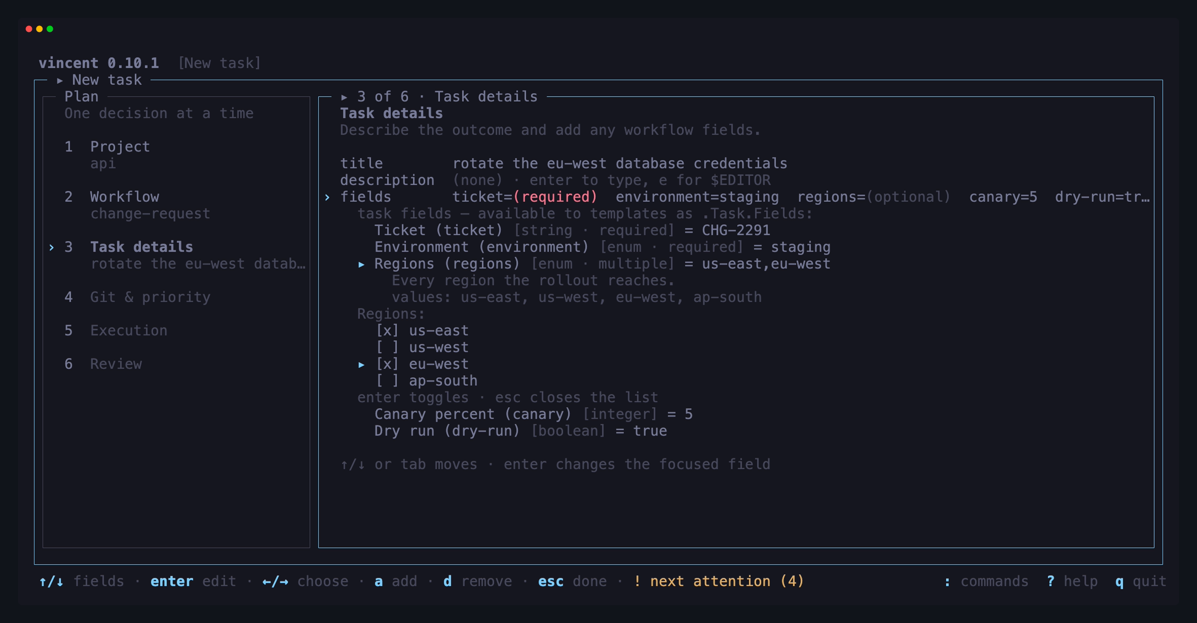 New task on a workflow that declares five fields, with a multiple-choice
enum's list open