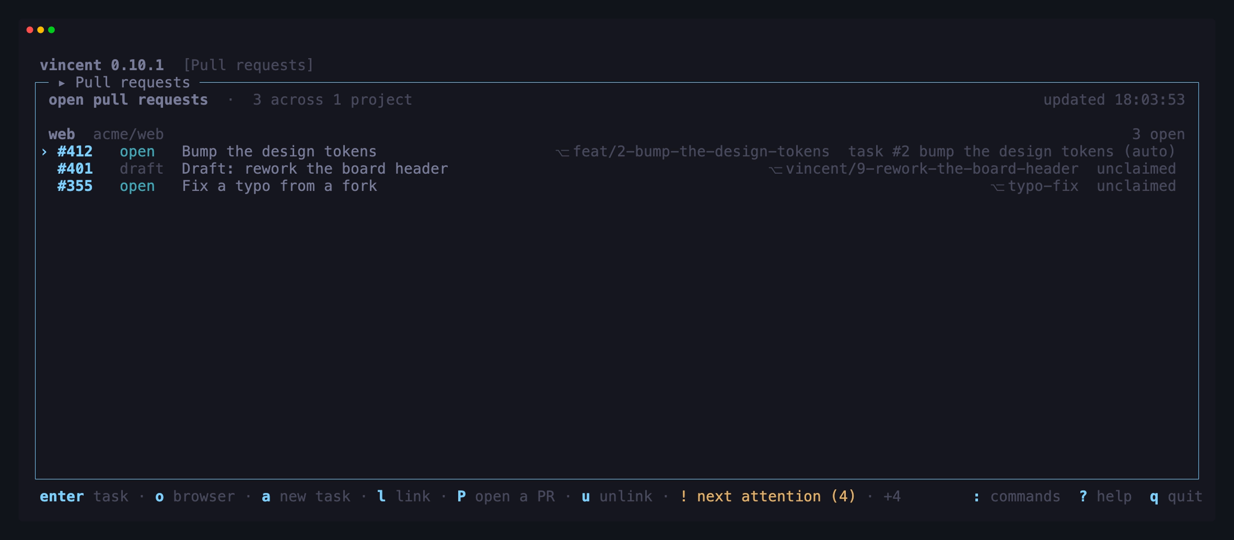 The pull requests screen: one GitHub project's three open pull requests —
#412 claimed by task 2, which the reconciler matched by its head branch, an
unclaimed draft, and an unclaimed pull request from a
fork