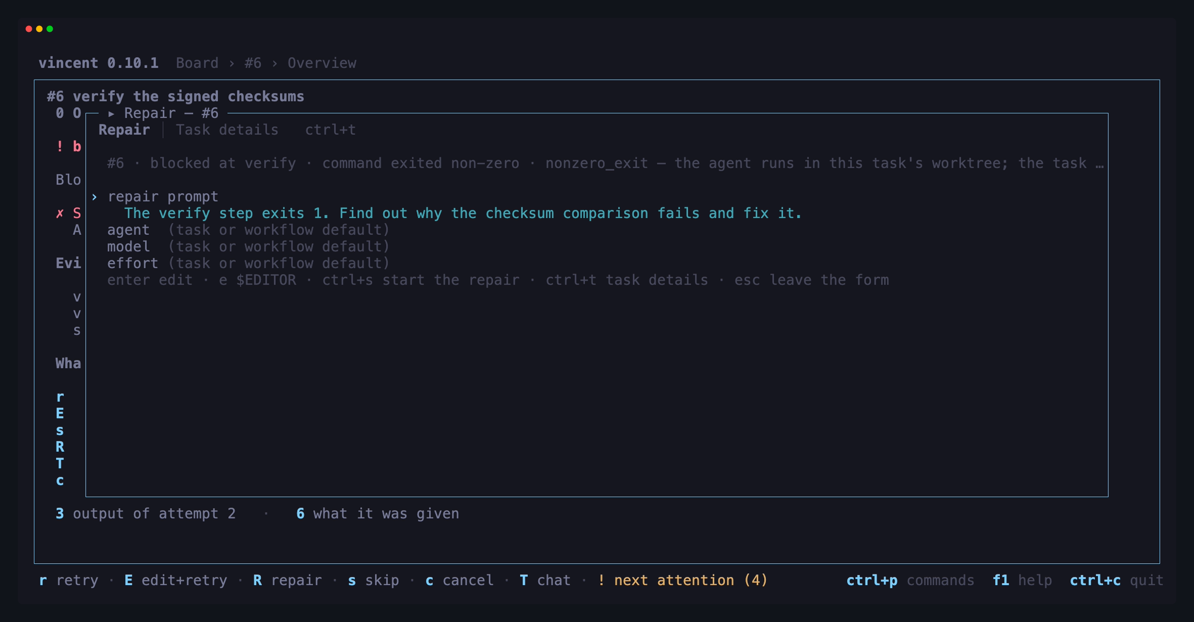 The repair popup over a blocked task: the step and reason it is blocked on,
a written repair prompt, and the agent, model and effort rows left at their
defaults