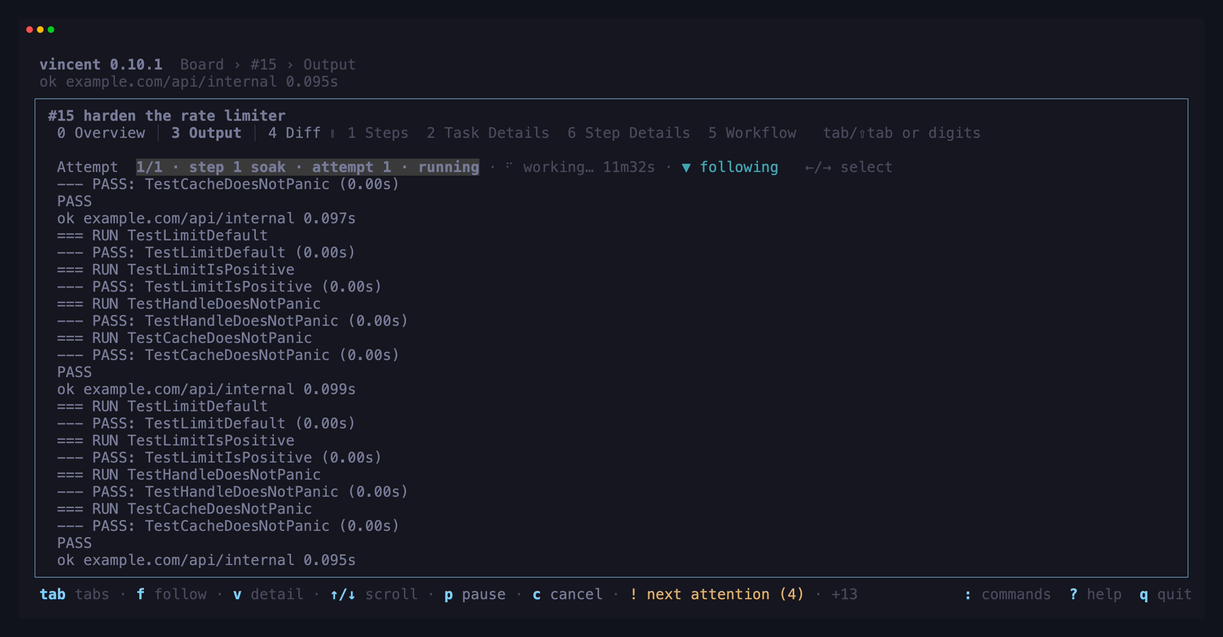 The Output tab following a live test run