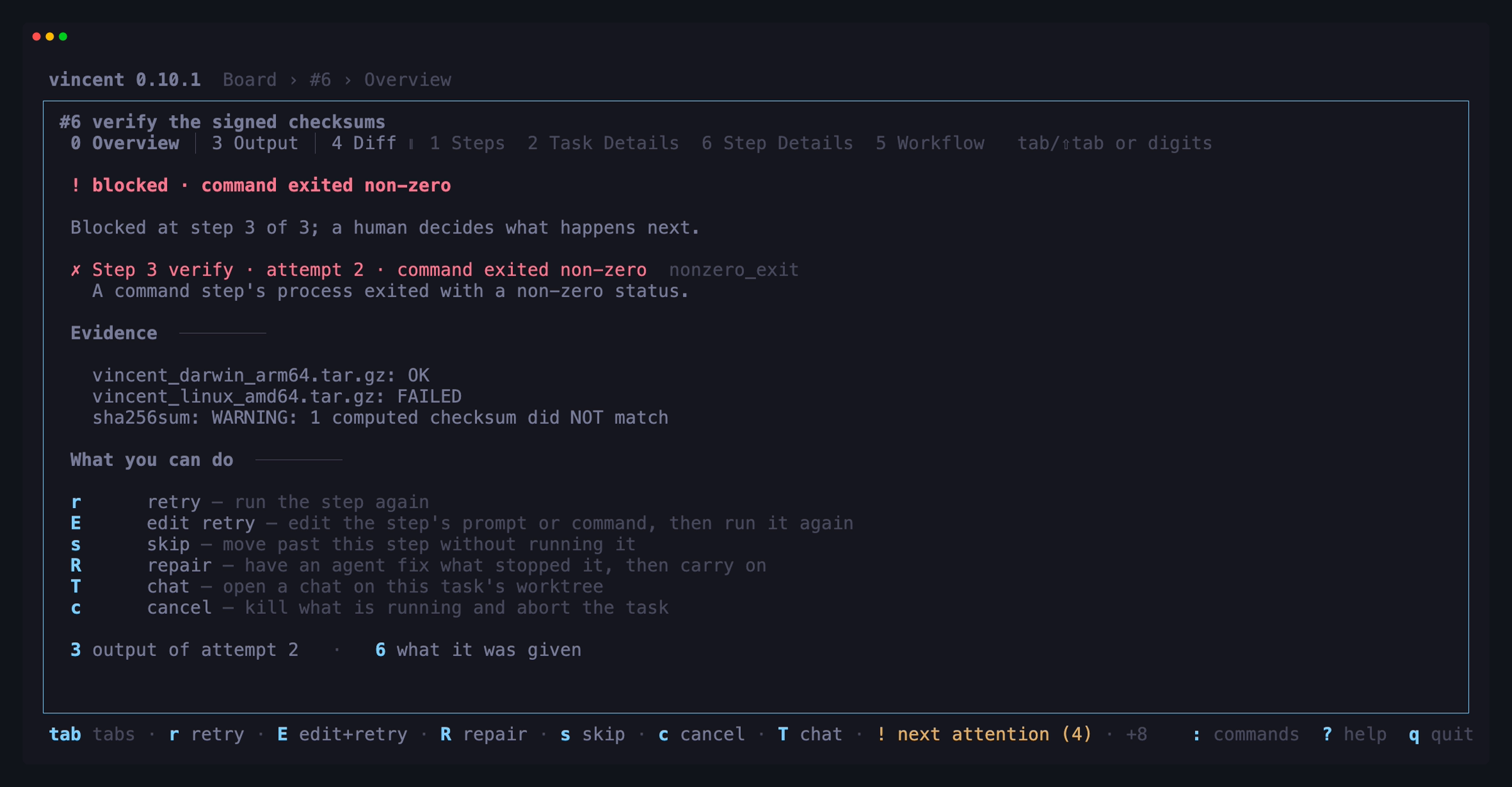A blocked task's Overview: the failure card with its reason, evidence and
actions