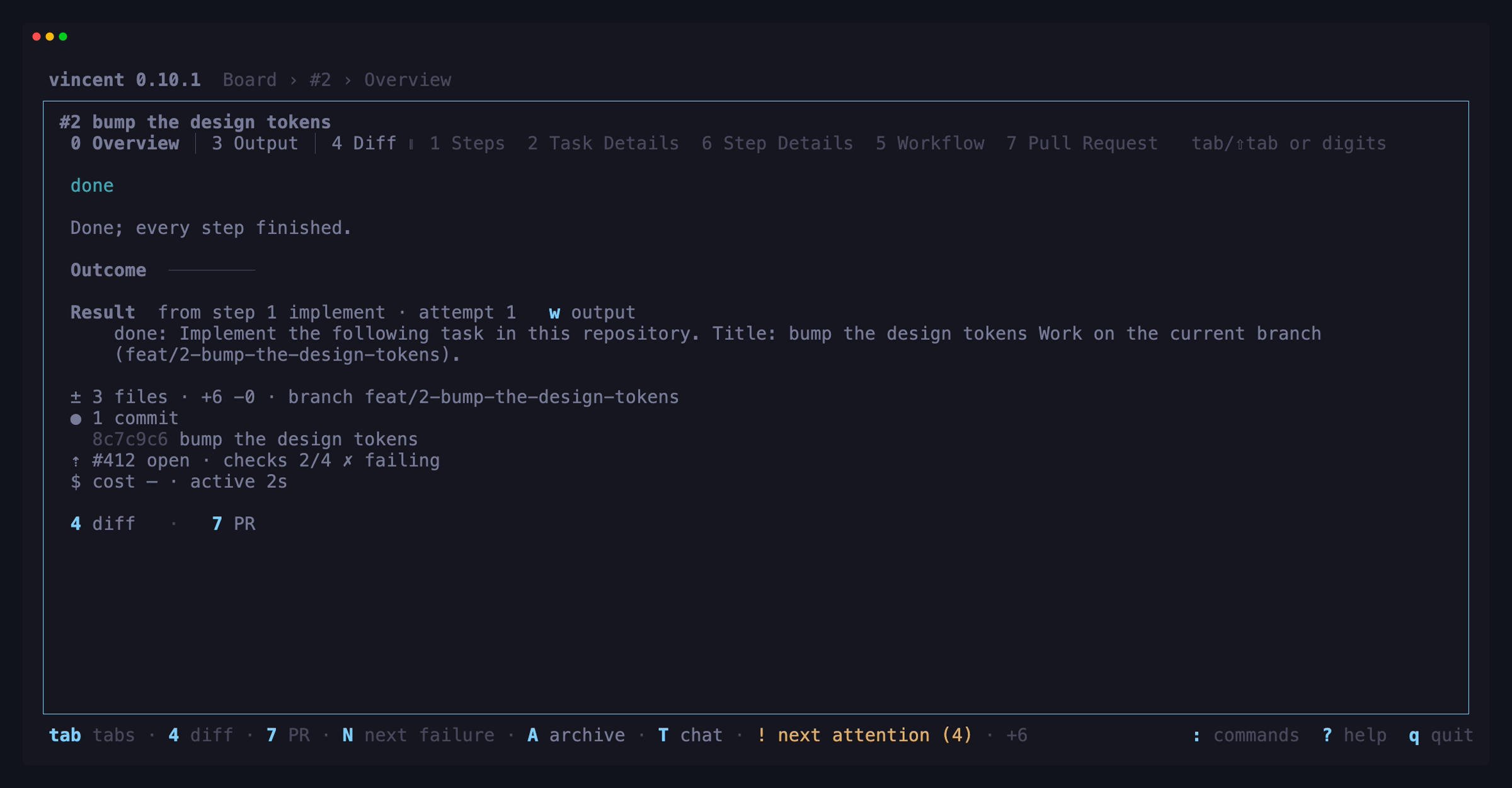 A done task's Overview: the outcome card with its result, changes, commits
and pull request