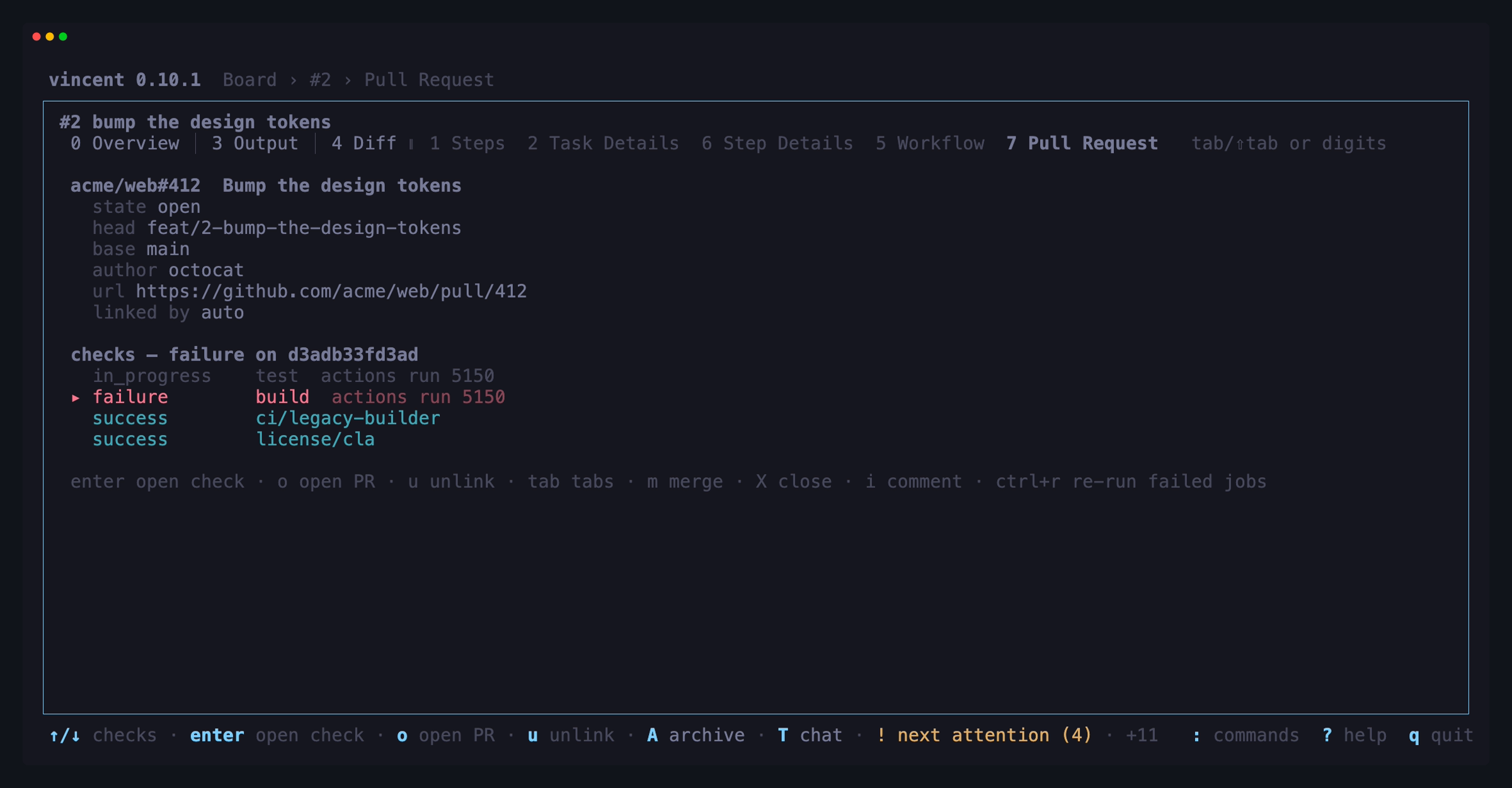 A task's Pull Request tab: the linked pull request's facts, and one row per
check on its head commit, the failed build selected