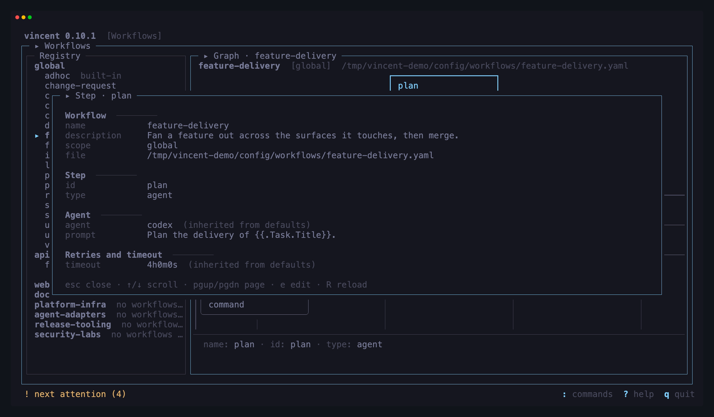 The step-detail popup over the graph: the selected agent step in full — the
workflow it belongs to, its id and type, its whole prompt, and its agent and
timeout both marked as inherited from defaults