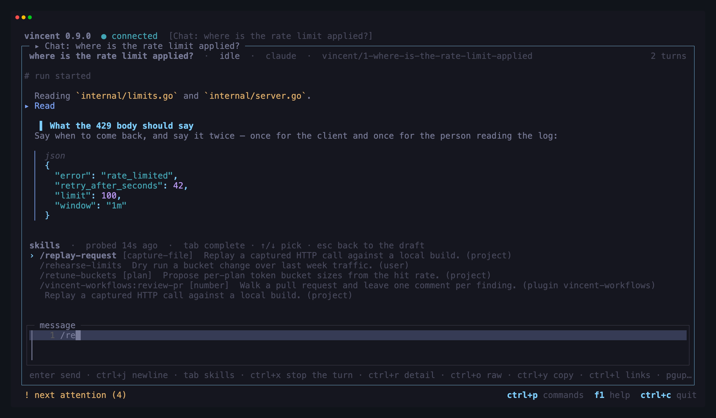 The same list opened by a typed `/re` in the composer, narrowed to the
skills whose names start with it and the plugin skill found under its bare
name, one row picked with `↓` and its description wrapped underneath,
and the draft still reading `/re`