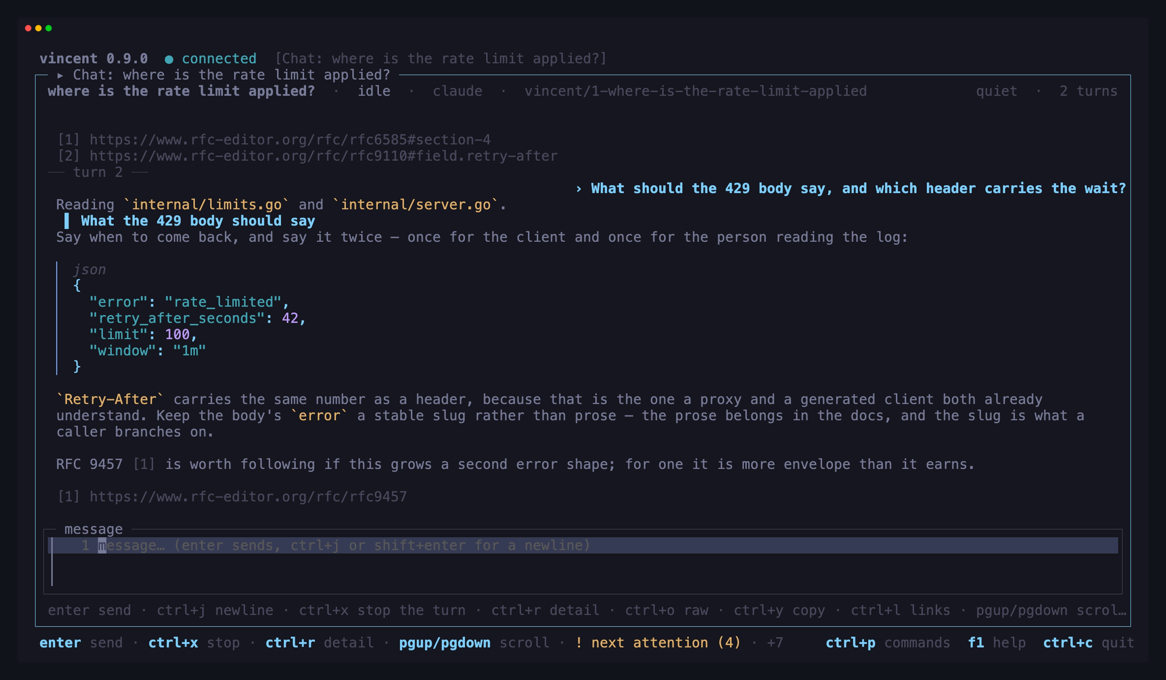 A chat in the TUI: the prompt as a right-aligned bubble, the agent's answer
rendered below it, and the composer under them