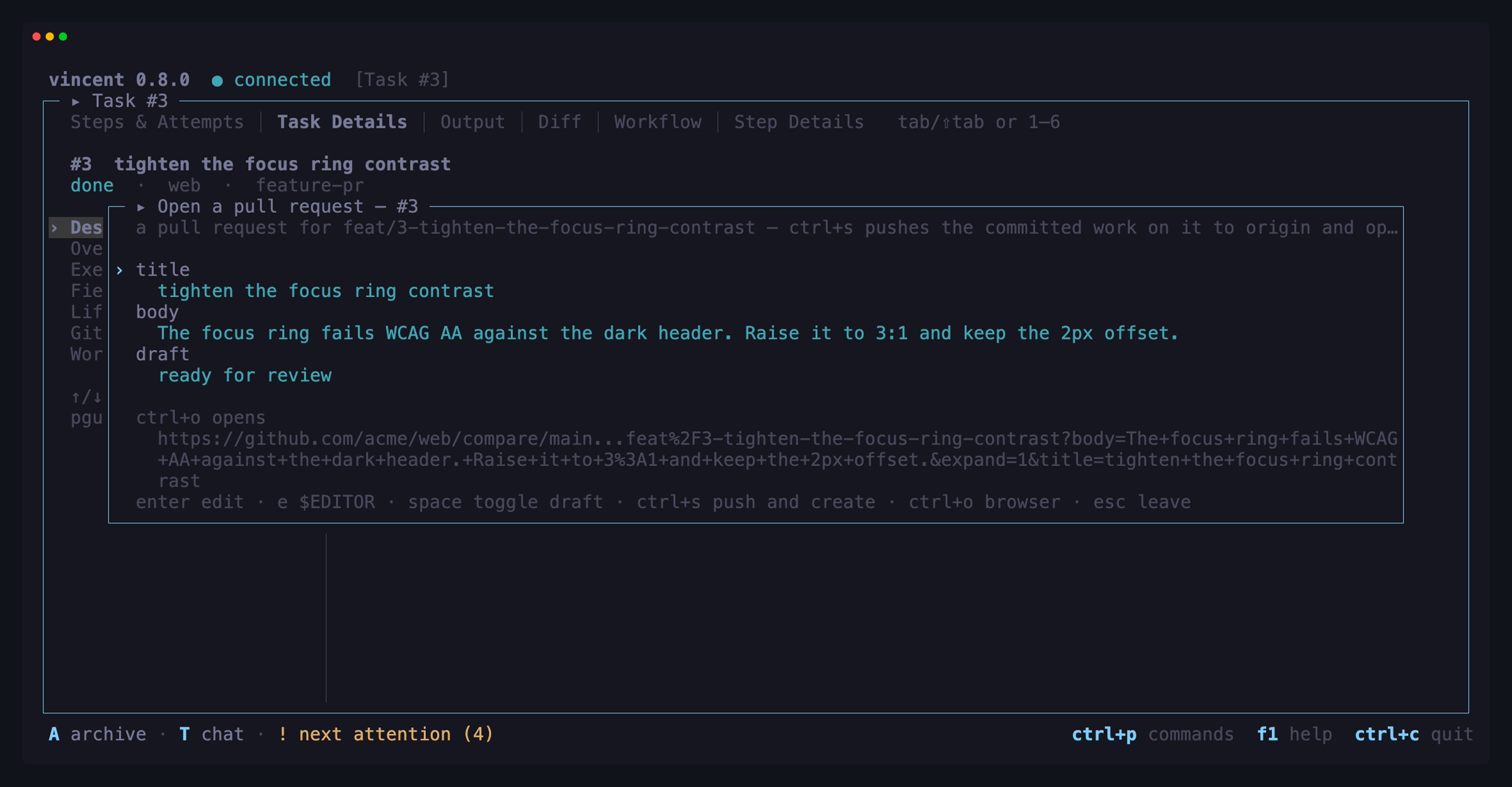The open-a-pull-request popup over a finished task: the title and the body
guessed from the task's title and description, the draft row reading ready for
review, and the GitHub compare page ctrl+o would open
instead