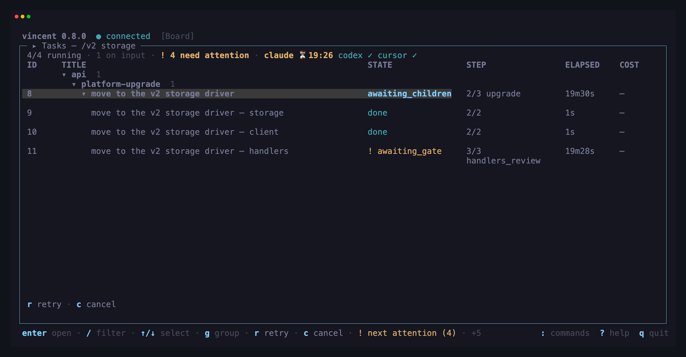 The board filtered to a fan-out parent in awaiting_children and expanded with
`L`: its storage and client lanes done, and the handlers lane — spawned in the
second round, once both had merged — waiting at its gate